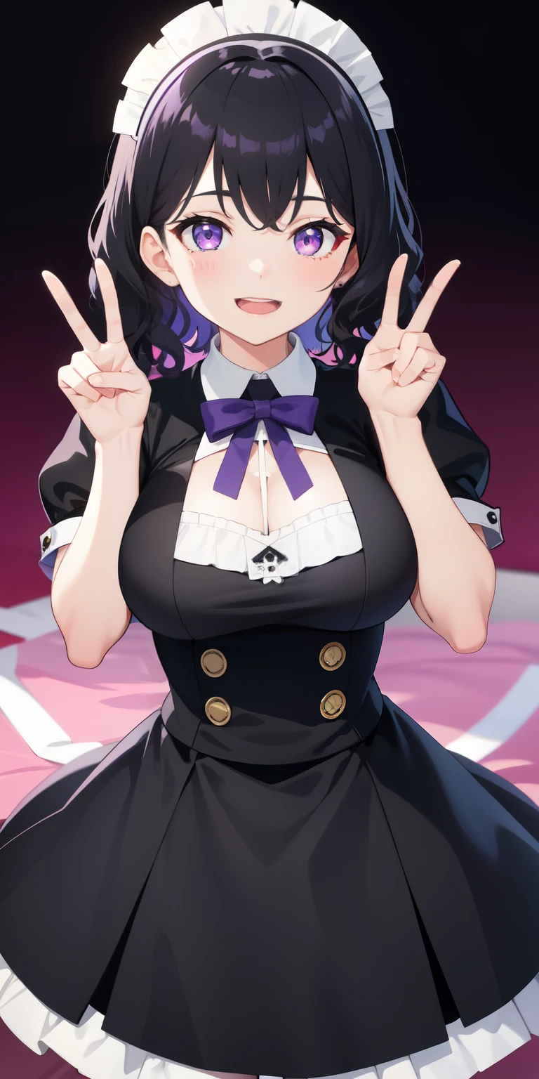 looking at the viewer, 1 girl, open your mouth, smile, Virtual YouTuber、with a girl、((highest quality, expensive_solve, clear_image)),(black hair), (ridiculously short hair), (wavy hair), (Purple eyes)、very big breasts,I wore a maid uniform、laughter、cleavage visible、whole body