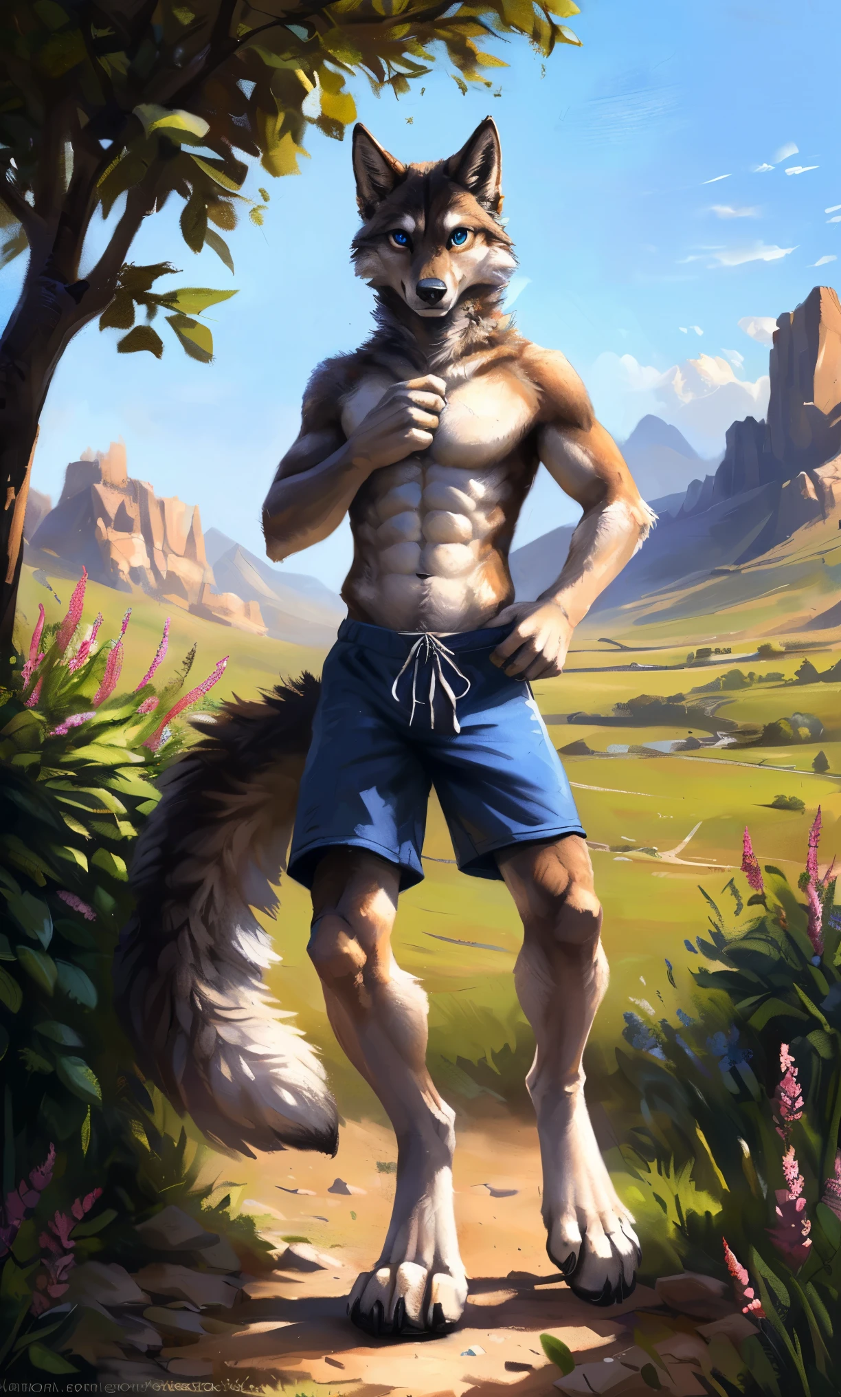 ((Solo)), male people, anthro wolf, (Multi-colored fur, White-brown:1.3，White tail pointed), (Height 2.1m,Tail length 1.2m), ((Wolf face, Big eyes, White eyelids, Blue pupil, Slim:1.2) (Tough, Calm expression:1.2)), Abs, Slim, pinging)), (Correct anatomy), (Work shorts:1.1), The upper body  naked, (detailed outfits),A long big tail，Feet，(Realistic fur, Detailed fur texture, labeled:1.3)), (Natural lighting), Photorealistic, Hyperrealistic, ultradetailed, by Kenket，in a flowering shrubs，erect through，Running on