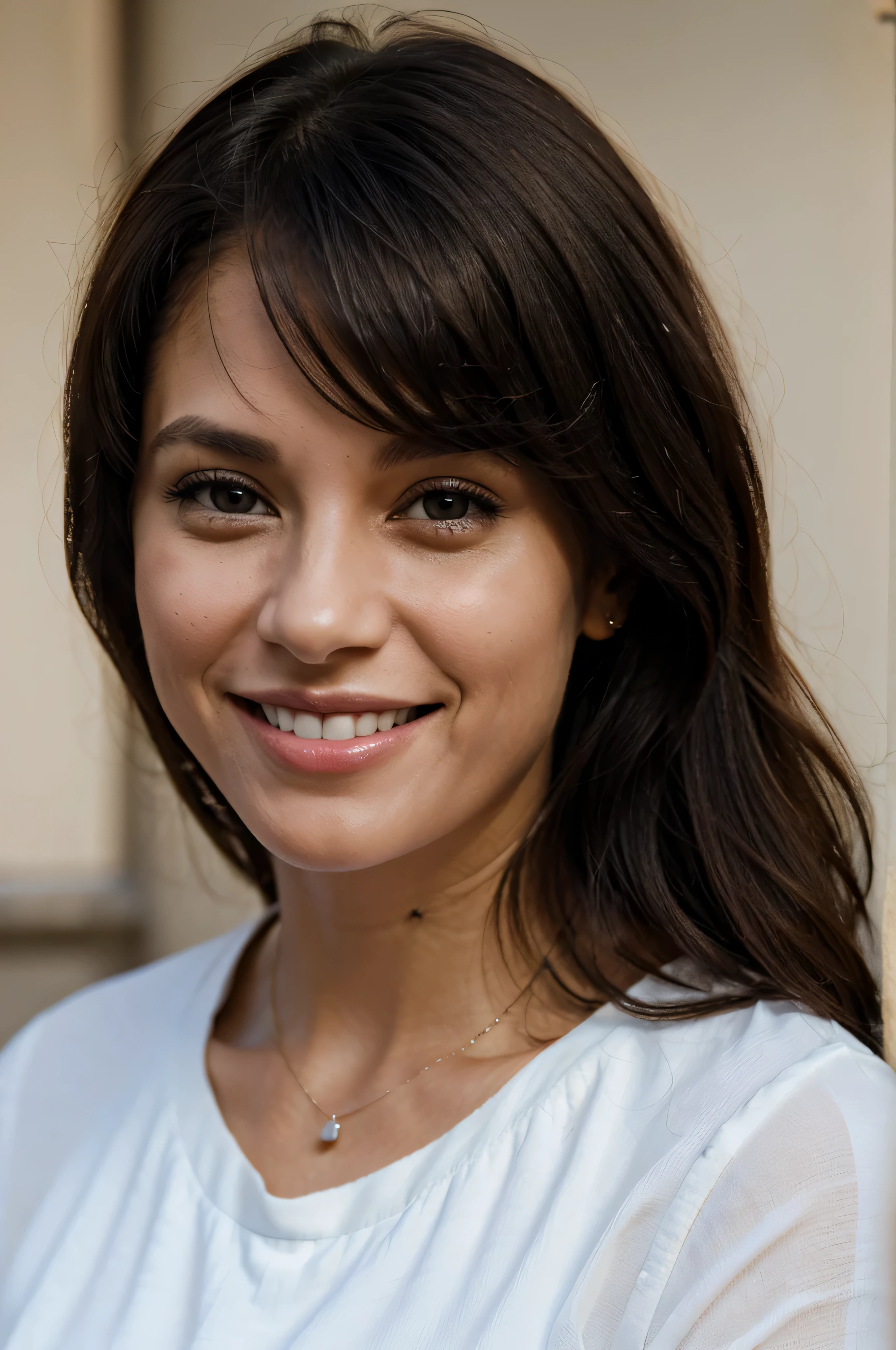 portrait 35 years old american woman smiles. Light skin, straight dark hair, dark eyes