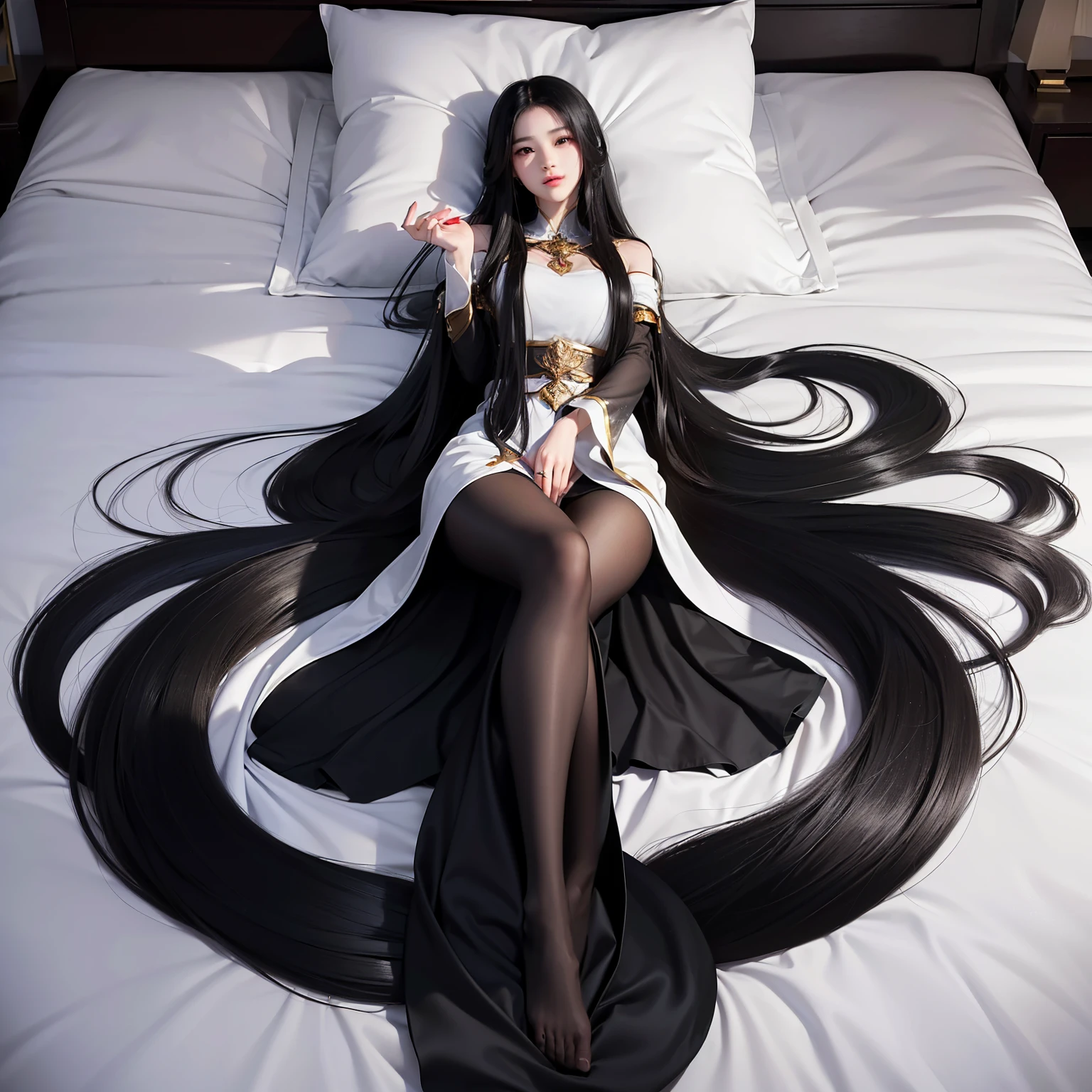 (best image quality、highest quality、highest resolution、ultra-realistic photography、full body photo、masterpiece、16ｋ、）one girl。Super super long black hair。Hair length is over 10 meters。the place is a bedroom。super ultra long hair。She is lying on the bed with her back turned to show her long hair.。