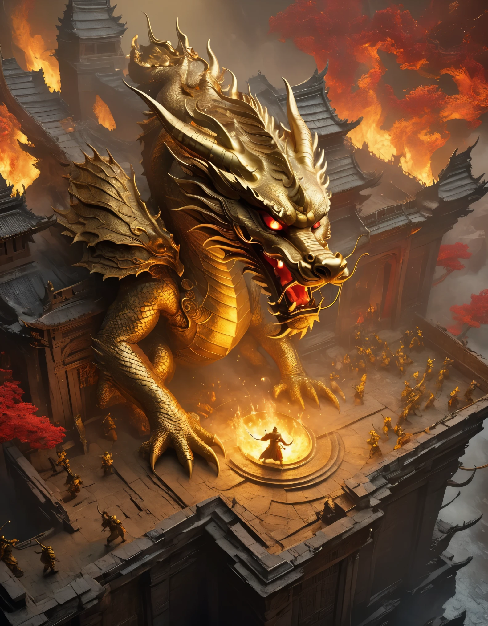 top view，(anthropomorphic Chinese dragon warrior in golden armor fighting enemies), sword swinging through dungeon roofs, red flames of hell, rubble flying, explosions, epic footage, iper quality, iper detail, intricate detail, octan rendering, cinema, standing facing the viewer, mythological creatures, hermits, conceptual art, wide angle, full composition, dynamic lighting, film