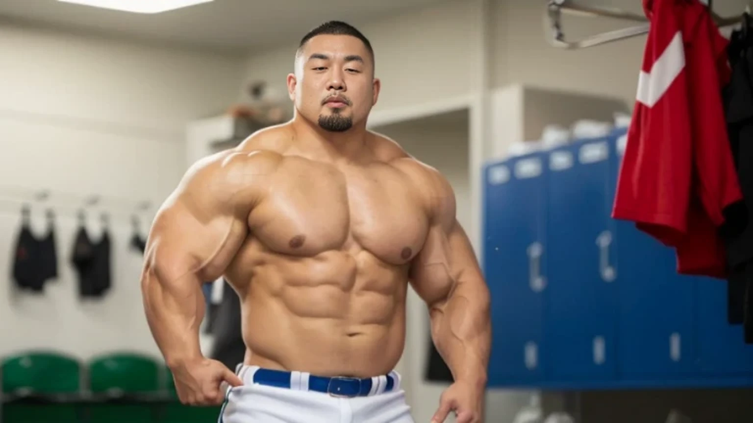 at club locker room, baseball uniform, Japanese man, Chinese man, Korean man, Taiwanese man, Mongolian man, manly face, fat face, round face, single eyelid, very short hair, crew cut, buzz cut, very large and strong body, bulging muscles, muscular, very large pectoral muscles, very  abs, muscular legs, muscular back, toned figure, brightens oily skin, long shot, wide shot