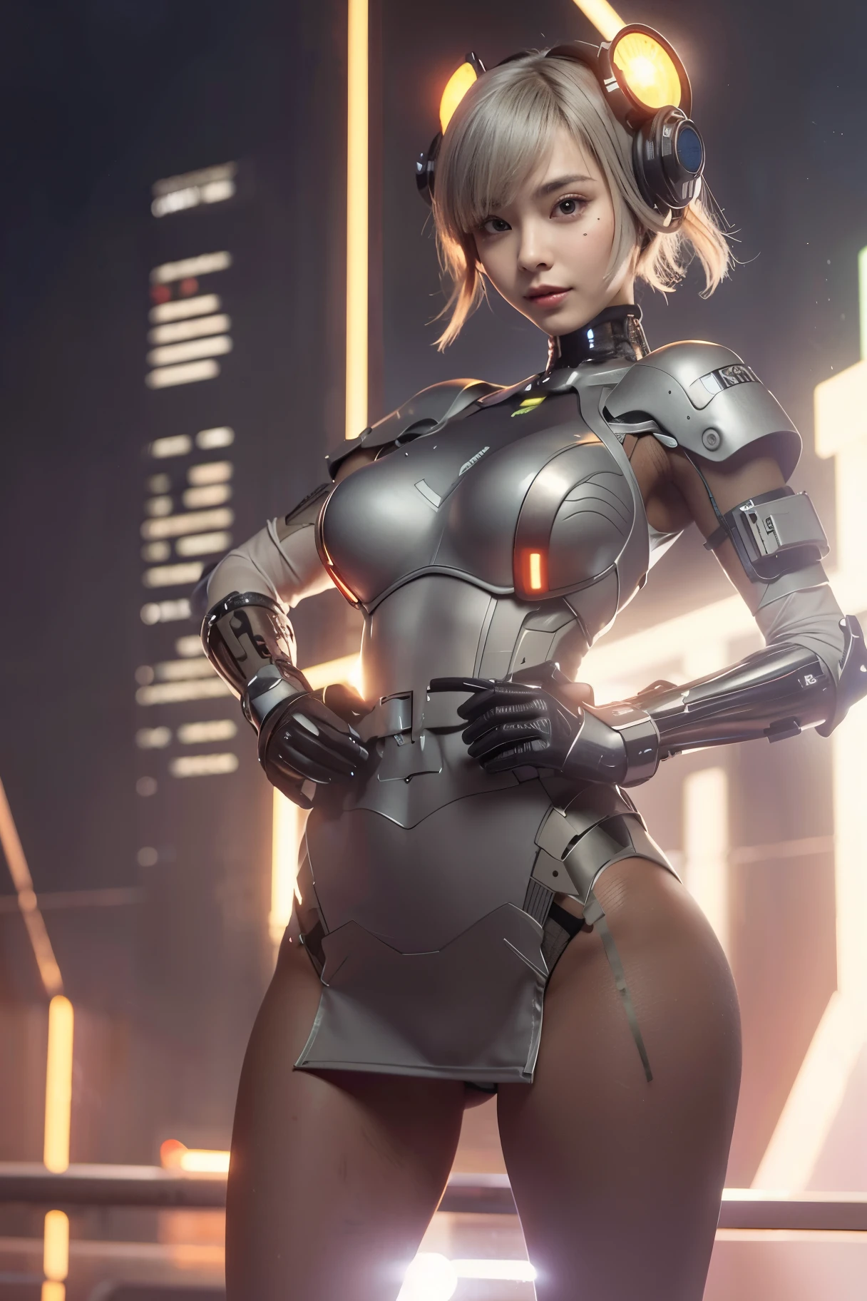 A glowing cyber girl with a cybernetic arm,(Transparent and revealing clothing:1.3, )Stand on the streets of an apocalyptic battlefield.surrounded by a wire network. Surrounded by a network of circuits. (Cyber girl with a submachine gun:1.3), Shiny light brown and orange striped short hair,cute smile,perfect round face,A cheerful smile that makes the viewer happy,proper body proportions,table top,Super high quality output image,High resolution,intricate details,very delicate and beautiful hair,realistic shadow,focus only, japanese girl, , skinny body, flat chest, gray bob cut, extremely ultra detailed face, extremely ultra real skin, extremely ultra detailed eyes, extremely ultra surrealism, (masterpiece, best quality:1.2), octane rendering, (8k, uhd, ultra high res), extremely ultra detailed real texture, professional lighting, (realistic:1.3), (RAW photo:1.2), (photorealistic:1.5)