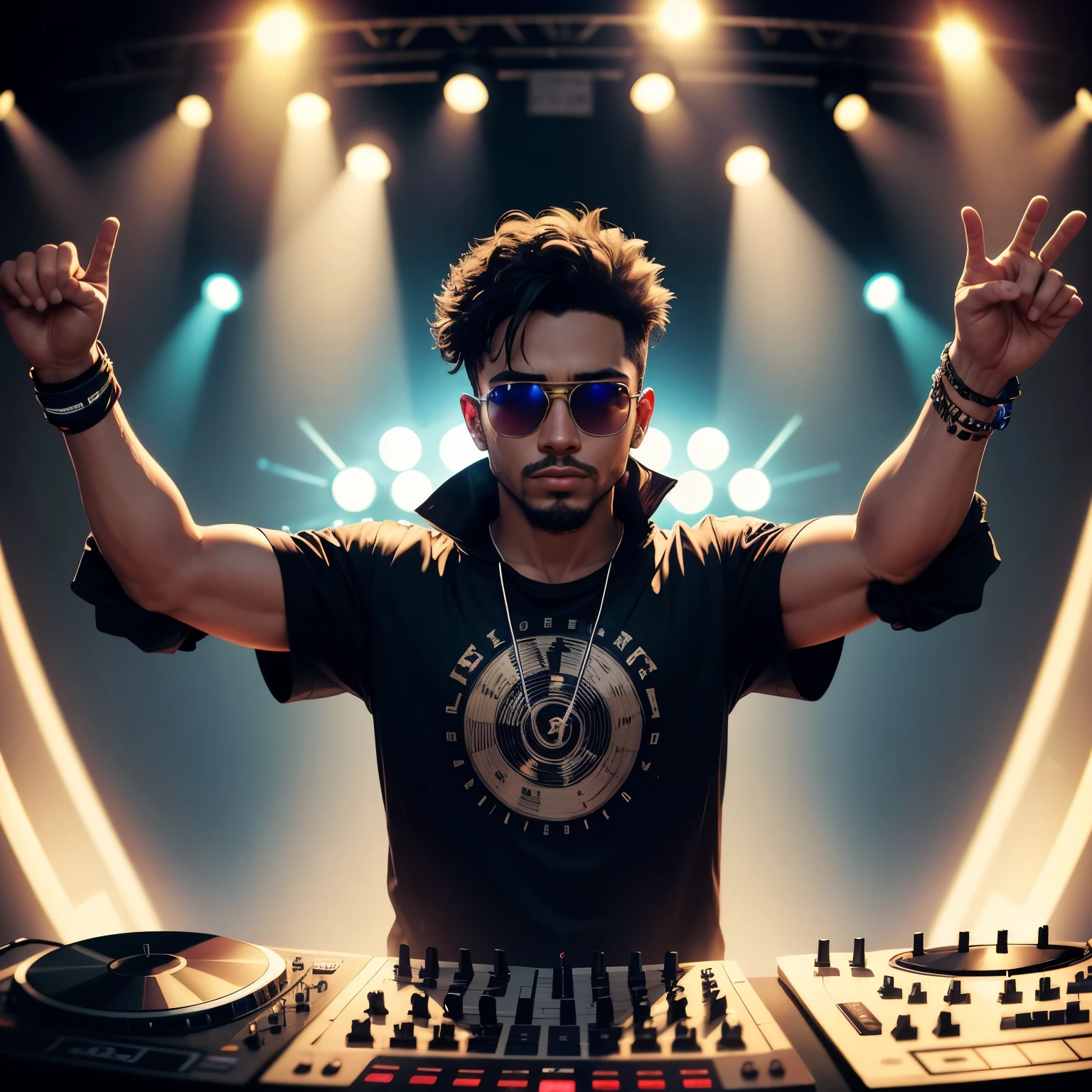 In a dimly lit room, the Playjock DJ stands behind his turntables, his hands deftly moving across the knobs and buttons. The atmosphere is electric as the pulsating beats fill the air, making the crowd lose themselves in the music. With his stylish attire and confident demeanor, he commands the stage like a king, effortlessly mixing tracks and orchestrating a sonic journey for his audience. The glow of the DJ booth is reflected in his sunglasses, adding an air of mystery to his persona. This is his kingdom, and every night is a celebration of music and dance. The King Calendar hangs on the wall, reminding everyone of the timeless power of the DJ and the unforgettable nights that lie ahead.