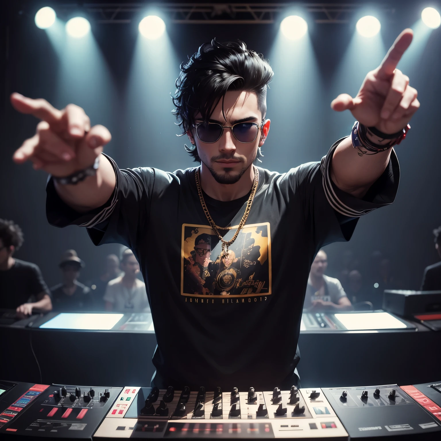 In a dimly lit room, the Playjock DJ stands behind his turntables, his hands deftly moving across the knobs and buttons. The atmosphere is electric as the pulsating beats fill the air, making the crowd lose themselves in the music. With his stylish attire and confident demeanor, he commands the stage like a king, effortlessly mixing tracks and orchestrating a sonic journey for his audience. The glow of the DJ booth is reflected in his sunglasses, adding an air of mystery to his persona. This is his kingdom, and every night is a celebration of music and dance. The King Calendar hangs on the wall, reminding everyone of the timeless power of the DJ and the unforgettable nights that lie ahead.