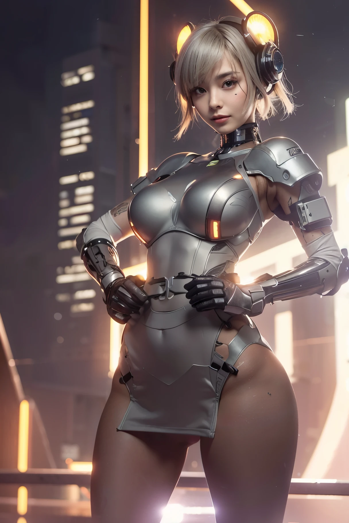 A glowing cyber girl with a cybernetic arm,(Transparent and revealing clothing:1.3, )Stand on the streets of an apocalyptic battlefield.surrounded by a wire network. Surrounded by a network of circuits. (Cyber girl with a submachine gun:1.3), Shiny light brown and orange striped short hair,cute smile,perfect round face,A cheerful smile that makes the viewer happy,proper body proportions,table top,Super high quality output image,High resolution,intricate details,very delicate and beautiful hair,realistic shadow,focus only, japanese girl, , skinny body, flat chest, gray bob cut, extremely ultra detailed face, extremely ultra real skin, extremely ultra detailed eyes, extremely ultra surrealism, (masterpiece, best quality:1.2), octane rendering, (8k, uhd, ultra high res), extremely ultra detailed real texture, professional lighting, (realistic:1.3), (RAW photo:1.2), (photorealistic:1.5)