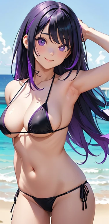 Realistic、1girl、(seductive smile1.3),(cute face:1.5),(tareme:1.3),(black hair purple hair hair gradient hair:1.3),(purple eyes)、(kind eyes:1.3)、leaning forward、open stance,(middle hair),( portrait:1.3,face focus:1.3,cowboy shot),(black enamel micro bikini:1.3)、(large breasts),(midsummer beach:1.3)
