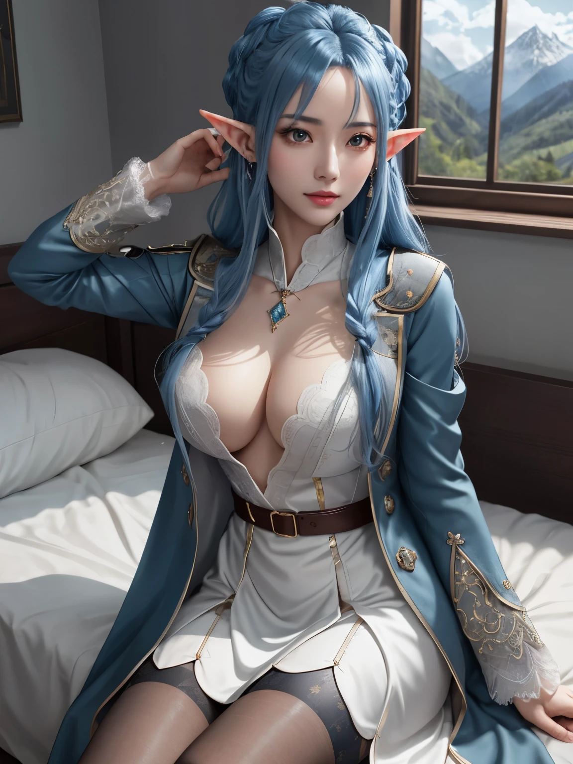 asuna \(Sword Art Online\), delicated best quality ,masterpiece, illustration, an extremely delicate and beautiful, extremely detailed ,CG ,unity ,8k wallpaper, Amazing, finely detail, masterpiece, best quality, official art, extremely detailed CG unity 8k wallpaper,absurdres, incredibly absurdres, huge filesize , ultra-detailed, highres, extremely detailed, beautiful detailed girl, extremely detailed eyes and face, beautiful detailed eyes, light on face, 1girl, (lie down on bed)!!, anime style, (masterpiece:1.35),(bestquality:1.4), 8k,ultra-detailed, photography, (ultra-realistic:1.4), (depth of field)!!, female focus, mature female, (Pretty Asian female:1.45), adult, ultra white skin, delicate face, delicate skin, realistic skin, make over face, (looking at viewer)!!!, (coat_on_shoulders)!!!, blush, closed mouth, seductive smile, peach lips, detached sleeves, (elf ears)!!, earrings, fingernails, hair between eyes, hair bangs, (ultra shine blue hair)!!, hair braid, very long hair, detailed realistic hair, (wear jacket coat)!!!, detailed realistic coat, jewelry, detailed jewelry, leather necklace, (covered chest)!!, (coat_over_breast)!!, slim legs, petticoat, fishnet legs, pantyhose, smooth thighs cleavage, garter thighs, nontraditional asuna, (sharp eyes)!!, (eye's pupils colored by shiny blue:1.25)!!, (homochromatic eyes)!!, (exposed eyes)!!, cherry blossom, window, There are birds in the sky, There are butterflies, Snowy mountain in the background of windows, The sky is blue, river outside the room, asuna \(Sword Art Online\), (correct anatomically)!!