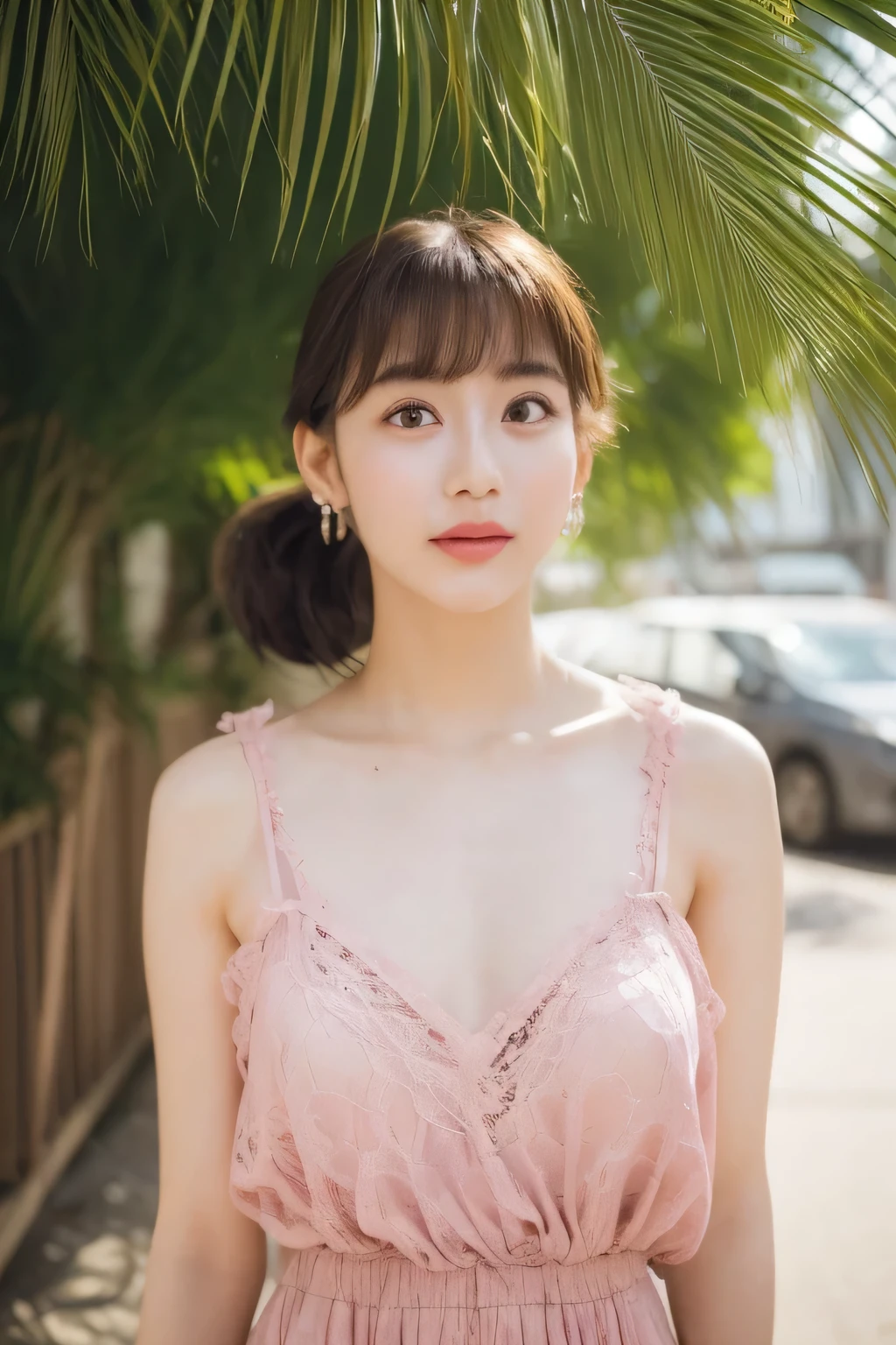 20-year-old, 1 person, A beautiful face with intelligence, 
Supple body :1.3, model body shape:1.5, 頭w:1.4, perfect style：1.4, 
narrow shoulders, beautiful clavicle, long and thin legs, The beauty of slim abs :1.2, thin waist :1.2, 
super detailed skin, Fair skin, Shiny skin, 
super detailed face, slim facial contour, beautiful small face, Beautiful lined nose, 
super detailed eyes, long slit eyes, brown eyes, double eyelid, beautiful thin eyebrows, fine long eyelashes, 
super detailed lips, plump lips, glossy pink lips, flushed cheeks, beautiful teeth, 
Beautiful actress&#39;s ennui makeup, pink lipstick, (necklace, earrings), 
milk greige hair, delicate soft hair, 
(hair up, perm hair, ponytail:1.2), layer cut, (dull bangs:1.2), 
(Dress up with trendy fashion:1.2), 
gentle smile, open mouth half way, Enchanted expression, stare at the camera, 
dynamic lighting, ((Hasselblad Photos)), 

(She is wearing a reddish-purple lace blouse, Comes with diamond decoration:1.2), 
(she is wearing a green lace skirt:1.2), 
(perfect breast shape, B cup:1.2), It is a small pale pink areola.,  
She has a cute plump butt, My thighs are dazzling, 
(View from below, pay attention to the thighs, full body portrait:1.5), 

blue sky and aegean sea, sea beach, The horizon of the ocean spreading out in the background, 
(Walking with a beautiful posture and holding out your chest, Diagonal angle of view), 
Posing with palms like a , spreading my legs, 
cinematic lighting, Bright light shining all over, 