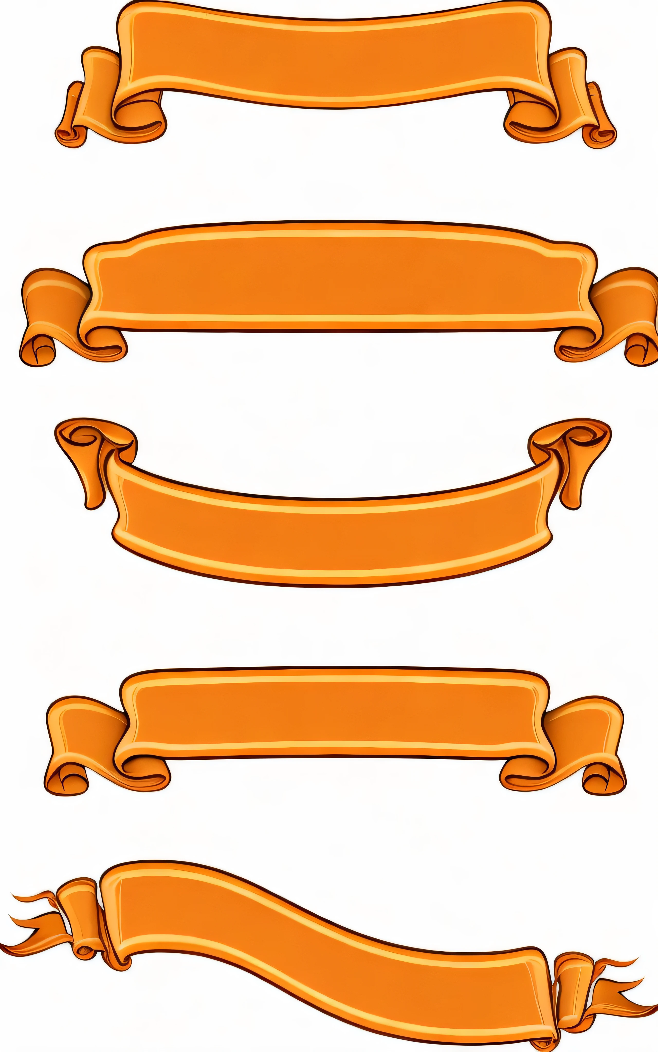 a set of four orange banners with ribbons on a black background, orange ribbons, scrolls, wide ribbons, golden ribbons, ribbon, ribbons, banners, smooth stylized shapes, golden, red banners, orange colors, golden ribbon, orange neon backlighting, cloth banners, stylized layered shapes, shaded, ornate borders + concept art, black and orange, orange and black