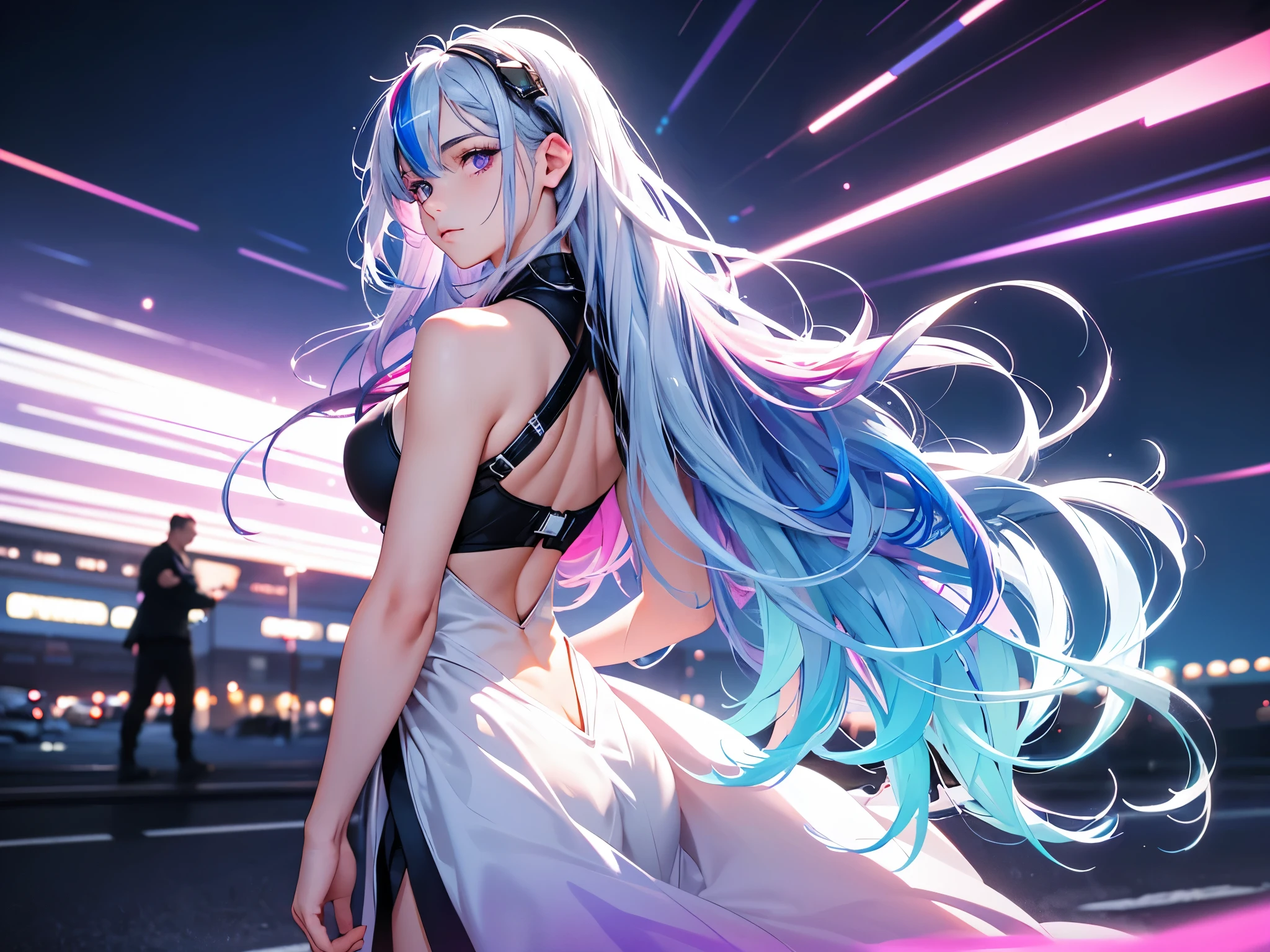 1 girl, 20 year old girl, one person, (Silver blue hair streaked pink purple:1.4), (Gradient sky blue hair ends:1.6), hair strand, absurdly long hair, single sidelock, wavy hair, shiny hair, floating hair, (Illusion deep purple eyes), delicate eyes, aqua eyes, High like real eyes, ((glowing eyes)), makeup, Focus on face, Very detailed facial, hot body, Random environment, Random pose, on the street, looking at the starry night sky, meteor, Technical clothing masterpiece, White extra long skirt, several cross stars beside, Colored lights swirl around the body, (((Extra super huge colorful extra super complex multiple glowing magic circle upright on the back of the head))), cyberpunk, full body shot, realism, chiaroscuro, (glowing light), sparkle, ray tracing, cinematic lighting, Futurism, motion blur, Ultra-Wide Angle, god rays, atmospheric perspective, best quality, UHD, super detail, masterpiece, highres, ccurate, retina