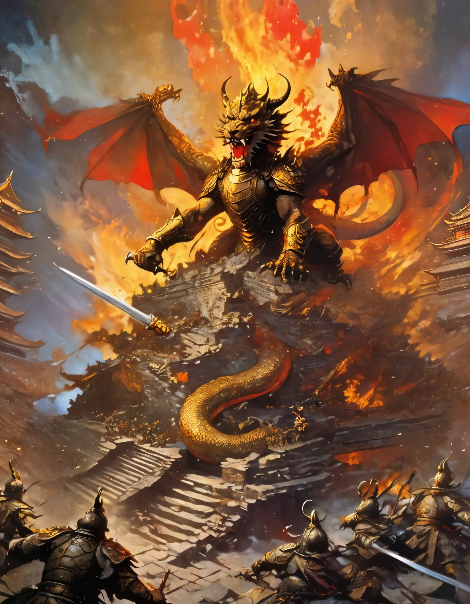 top view，(anthropomorphic Chinese dragon warrior in golden armor fighting enemies), sword swinging through dungeon roofs, red flames of hell, rubble flying, explosions, epic footage, iper quality, iper detail, intricate detail, octan rendering, cinema, standing facing the viewer, mythological creatures, hermits, conceptual art, wide angle, full composition, dynamic lighting, film