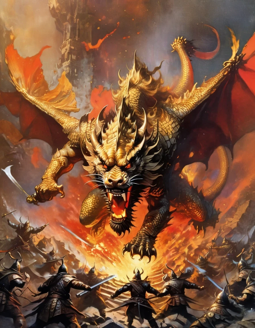 top view，(anthropomorphic Chinese dragon warrior in golden armor fighting enemies), sword swinging through dungeon roofs, red flames of hell, rubble flying, explosions, epic footage, iper quality, iper detail, intricate detail, octan rendering, cinema, standing facing the viewer, mythological creatures, hermits, conceptual art, wide angle, full composition, dynamic lighting, film