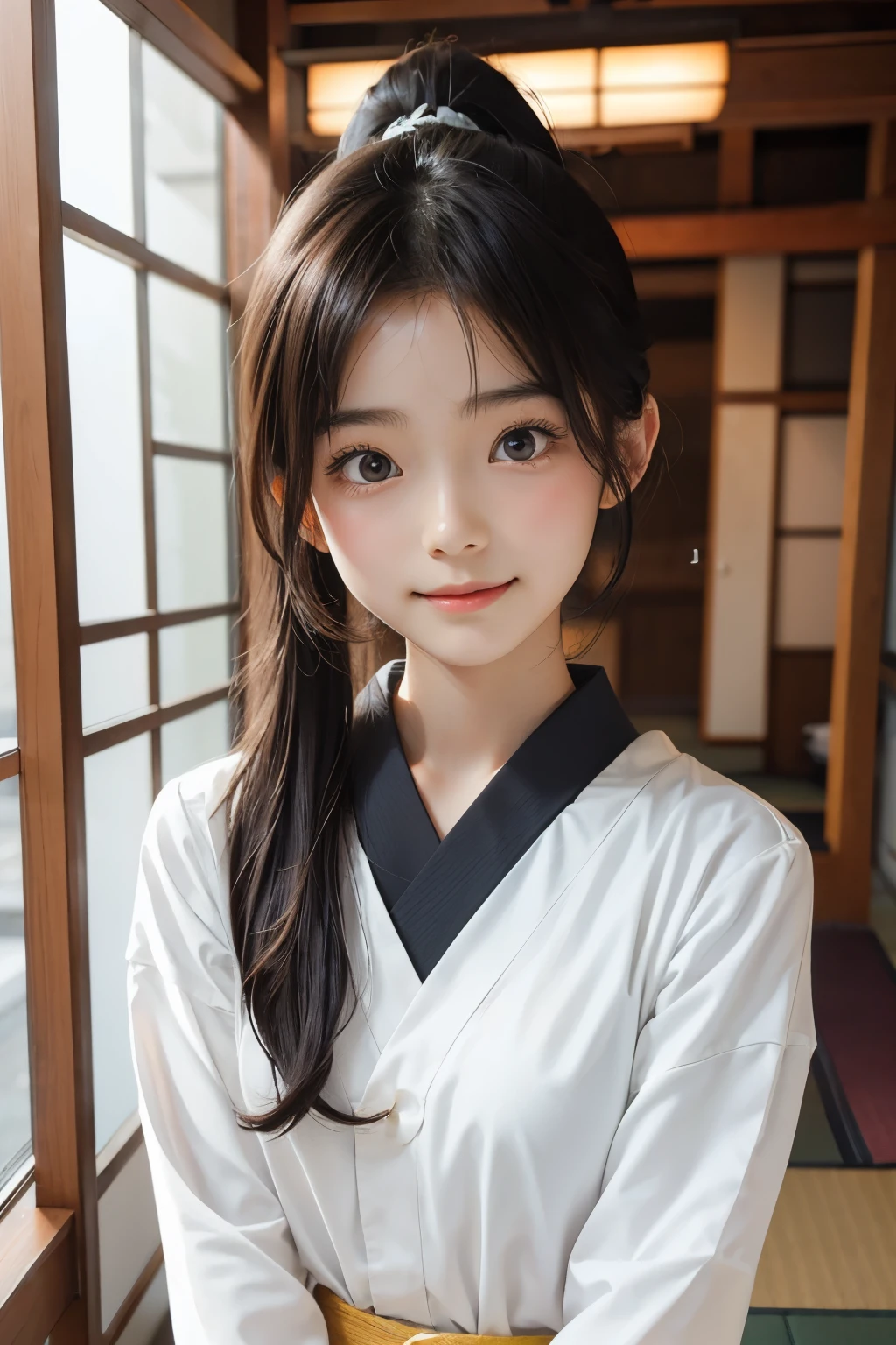 (Beautiful 18 year old Japanese woman), cute face, (deeply carved face:0.7), (freckles:0.6), soft light,healthy white skin, shy, (serious face), thin, smile, uniform, ponytail