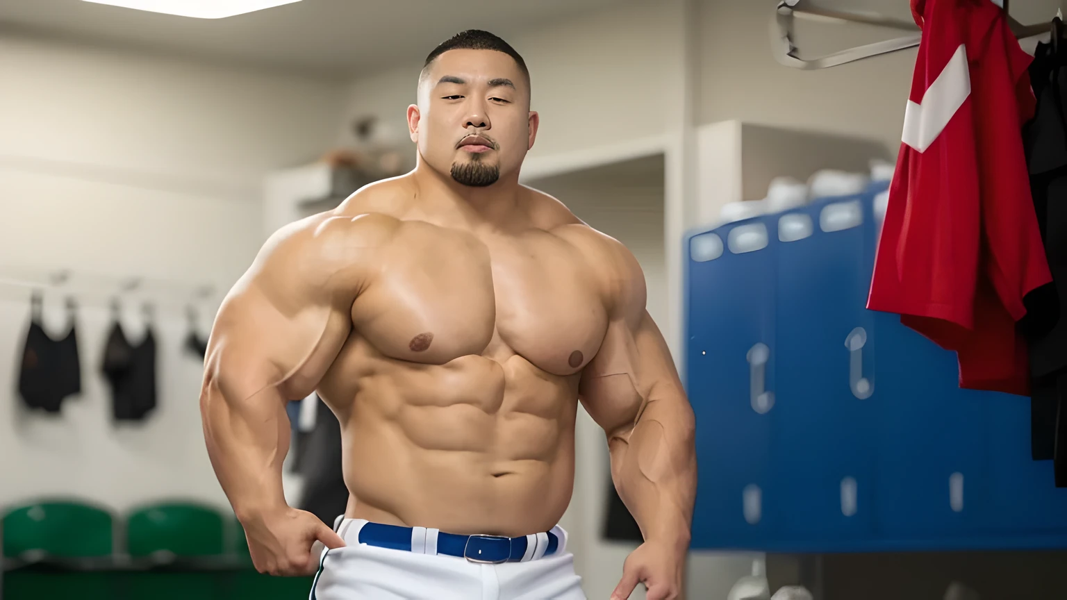 at club locker room, baseball uniform, Japanese man, Chinese man, Korean man, Taiwanese man, Mongolian man, manly face, fat face, round face, single eyelid, very short hair, crew cut, buzz cut, very large and strong body, bulging muscles, muscular, very large pectoral muscles, very sexy abs, muscular legs, muscular back, toned figure, brightens oily skin, long shot, wide shot