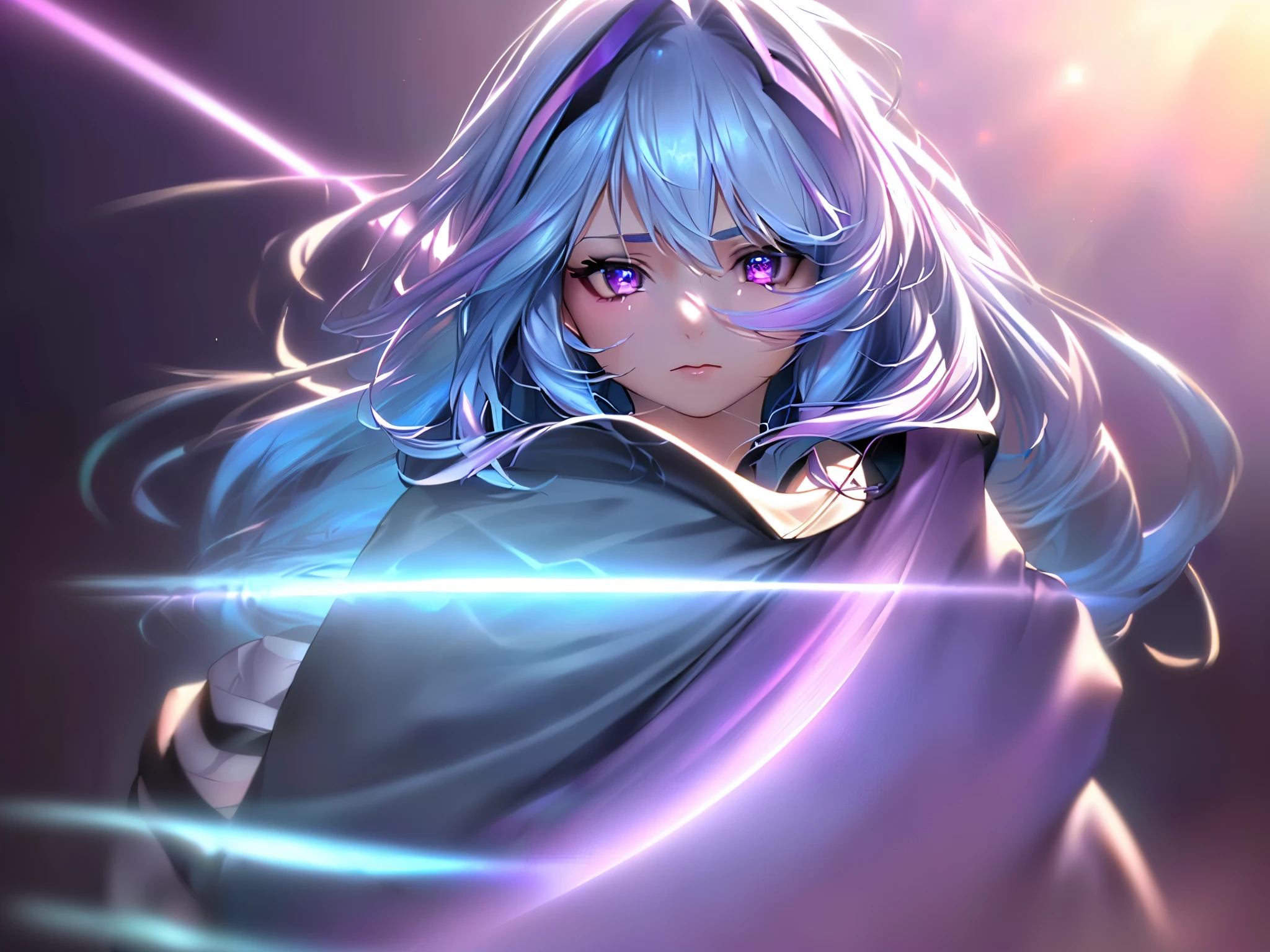 1 girl, 20 year old girl, one person, (Silver blue hair streaked pink purple:1.4), (Gradient sky blue hair ends:1.6), hair strand, absurdly long hair, single sidelock, wavy hair, shiny hair, floating hair, (Illusion deep purple eyes), delicate eyes, aqua eyes, High like real eyes, ((glowing eyes)), makeup, Focus on face, Very detailed facial, hot body, Random environment, Random pose, on the street, looking at the starry night sky, meteor, Technical clothing masterpiece, White extra long skirt, several cross stars beside, Colored lights swirl around the body, (((Extra super huge colorful extra super complex multiple glowing magic circle upright on the back of the head))), cyberpunk, full body shot, realism, chiaroscuro, (glowing light), sparkle, ray tracing, cinematic lighting, Futurism, motion blur, Ultra-Wide Angle, god rays, atmospheric perspective, best quality, UHD, super detail, masterpiece, highres, ccurate, retina