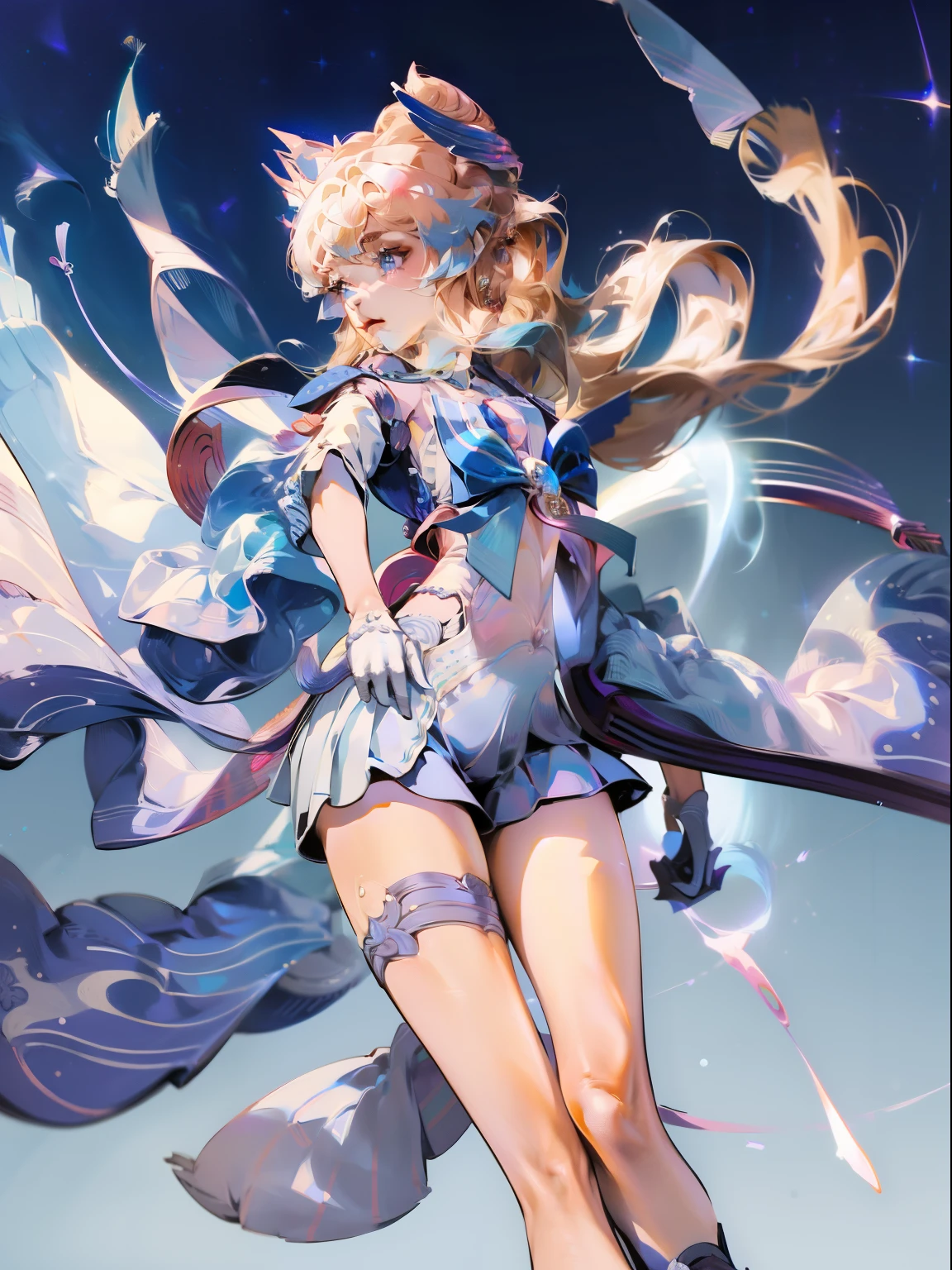 Close up, 1 girl, sailor, Tsukino Usagi, (sailor chiseki uniform:1.2), (aqua eyes:0.9), blonde hair, medium hair, wedge skirt, best quality, earrings, masterpiece, high resolution, intricate details, (realistic)), photography, (white elbow gloves:1.1), jewelry, medium breasts, full body, dynamic background, dynamic pose, white