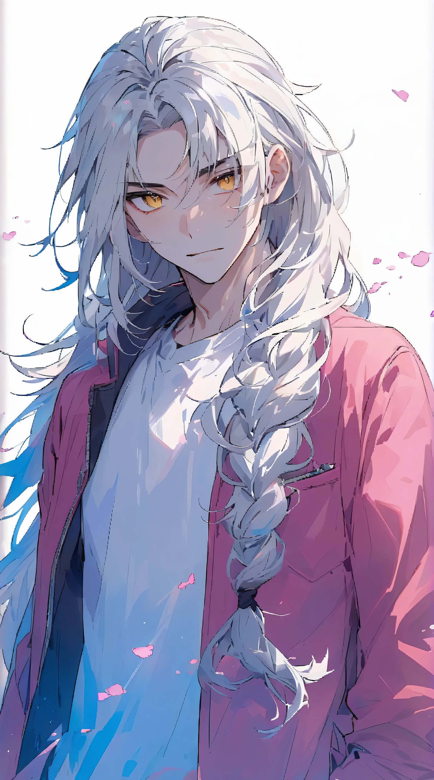 Pink cardigan, white t-shirt, beautiful young man, white hair, yellow eyes, long hair, standing,high quality, amount of drawing, pixiv illustration