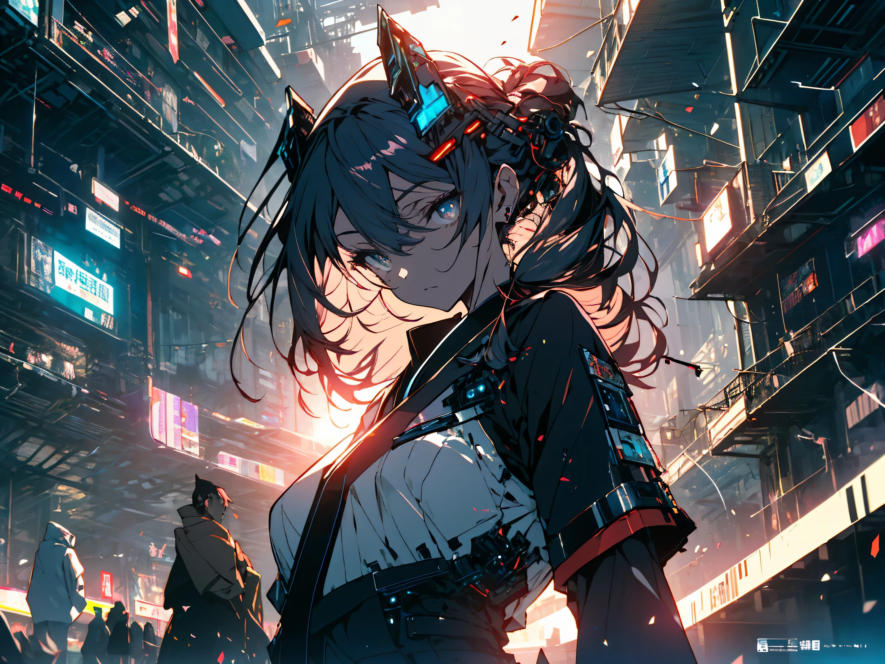 (highest quality、masterpiece、High resolution、detailed)、(Shining eyes、detailed beautiful face)、(1 girl in kimono)、a futuristic female warrior holding a katana, (delicate skin), pale skin, (in a deep neckline highly detailed sexy futuristic cyberpunk black crop top and underpants made of circuit boards, Japanese words with flare effect, beautiful magnificent composition, futuristic, masterpiece, attractive, pose for a photo、(beautiful anime)、dynamic angle
