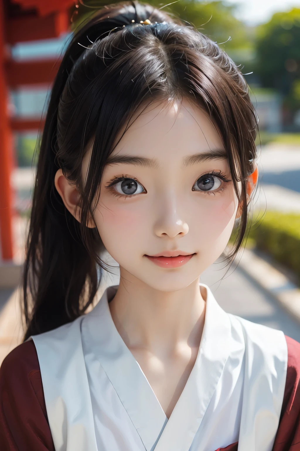 (Beautiful 18 year old Japanese woman), cute face, (deeply carved face:0.7), (freckles:0.6), soft light,healthy white skin, shy, (serious face), thin, smile, uniform, ponytail