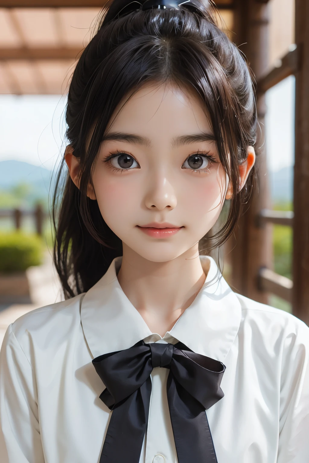 Best image quality, Focus, Soft light, Black hair, (Japanese)), (((Front, ))), (Depth of field), Ultra high resolution, (Real: 1.4), RAW photo, ((maid costume)), smiling face