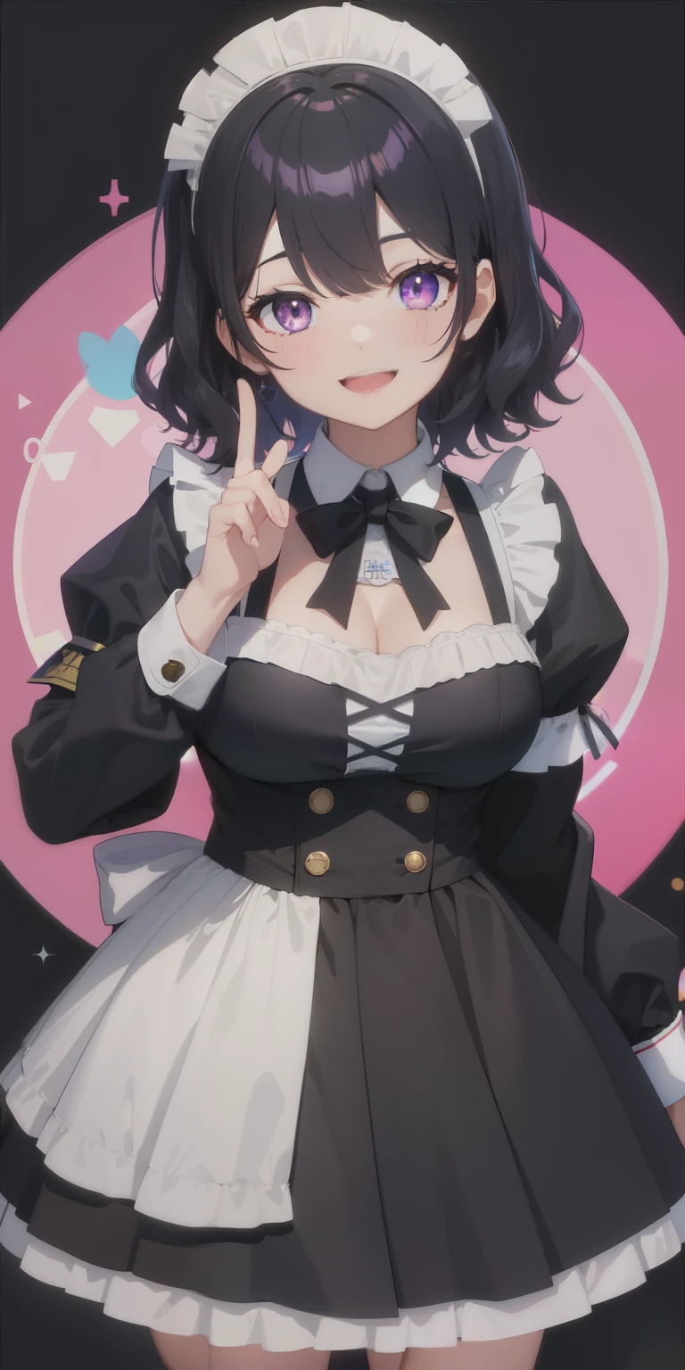 looking at the viewer, 1 girl, open your mouth, smile, Virtual YouTuber、with a girl、((highest quality, expensive_solve, clear_image)),(black hair), (ridiculously short hair), (wavy hair), (Purple eyes)、very big breasts,I wore a maid uniform、laughter、cleavage visible、whole body