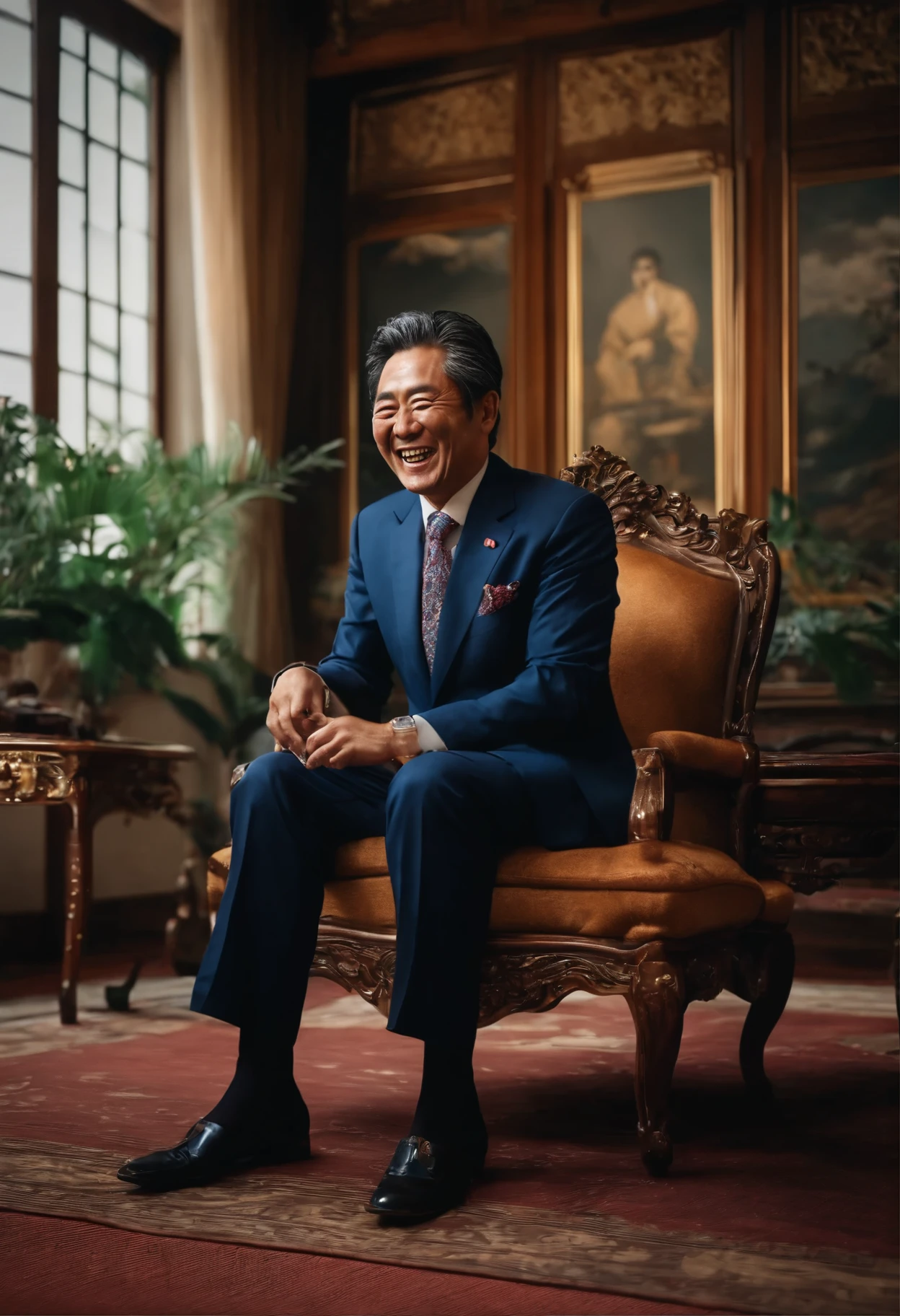Japanese politician wearing a suit laughing out loud in his mansion surreal very detailed