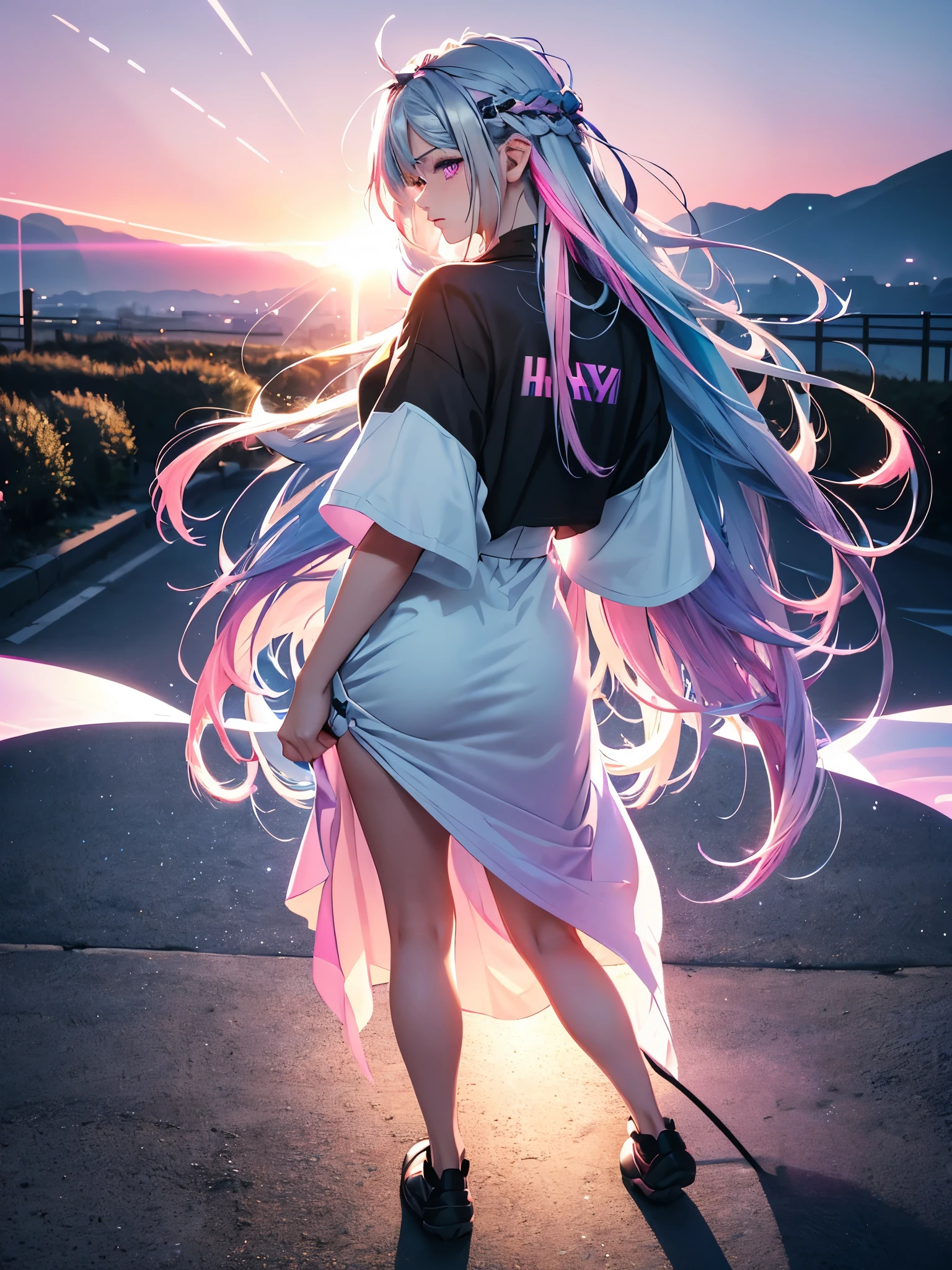 1 girl, 20 year old girl, one person, (Silver blue hair streaked pink purple:1.4), (Gradient sky blue hair ends:1.6), hair strand, absurdly long hair, single sidelock, wavy hair, shiny hair, floating hair, (Illusion deep purple eyes), delicate eyes, aqua eyes, High like real eyes, ((glowing eyes)), makeup, Focus on face, Very detailed facial, hot body, Random environment, Random pose, on the street, looking at the starry night sky, meteor, Technical clothing masterpiece, White extra long skirt, several cross stars beside, Colored lights swirl around the body, (((Extra super huge colorful extra super complex multiple glowing magic circle upright on the back of the head))), cyberpunk, full body shot, realism, chiaroscuro, (glowing light), sparkle, ray tracing, cinematic lighting, Futurism, motion blur, Ultra-Wide Angle, god rays, atmospheric perspective, best quality, UHD, super detail, masterpiece, highres, ccurate, retina