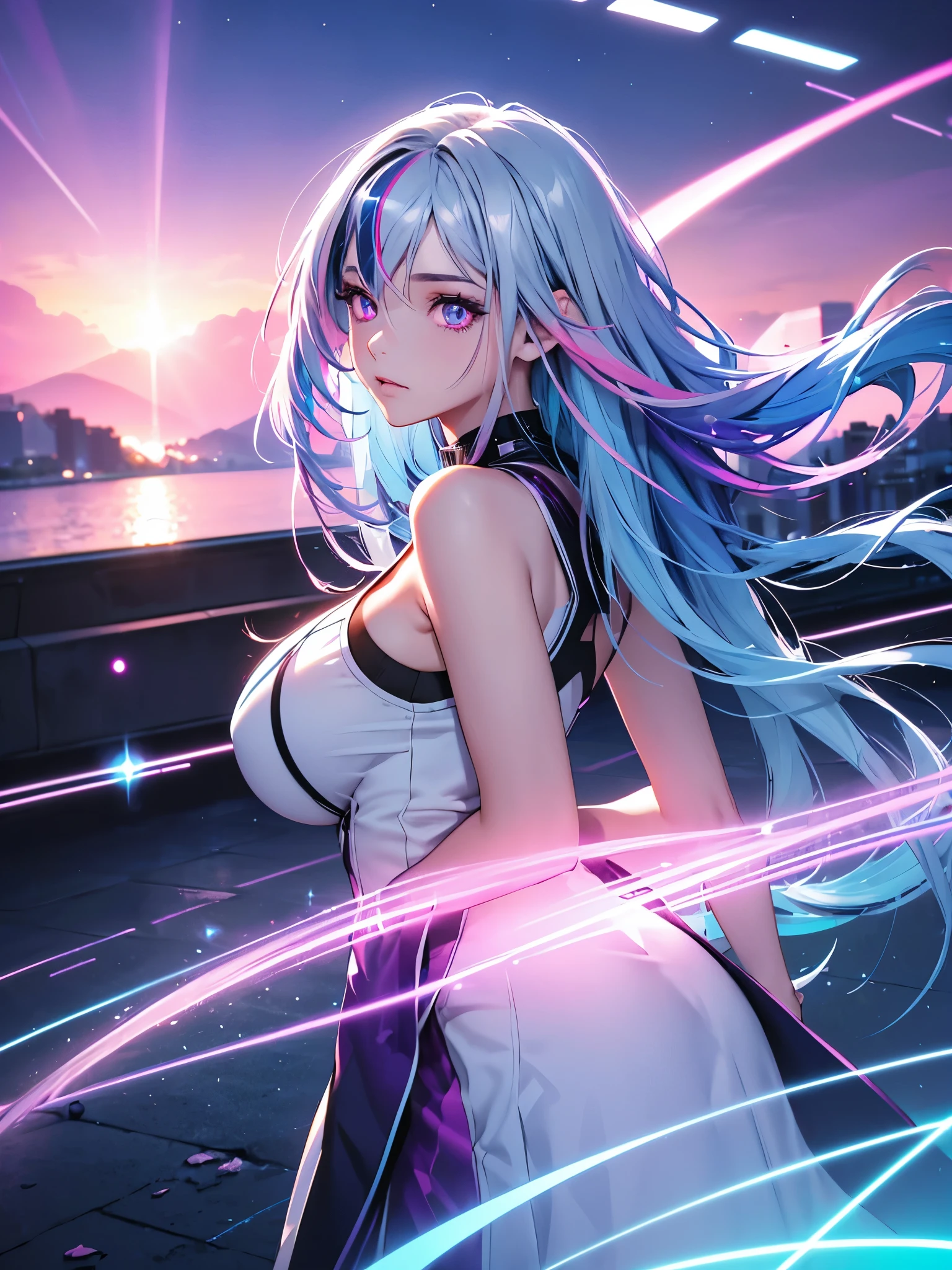 1 girl, 20 year old girl, one person, (Silver blue hair streaked pink purple:1.4), (Gradient sky blue hair ends:1.6), hair strand, absurdly long hair, single sidelock, wavy hair, shiny hair, floating hair, (Illusion deep purple eyes), delicate eyes, aqua eyes, High like real eyes, ((glowing eyes)), makeup, Focus on face, Very detailed facial, hot body, Random environment, Random pose, on the street, looking at the starry night sky, meteor, Technical clothing masterpiece, White extra long skirt, several cross stars beside, Colored lights swirl around the body, (((Extra super huge colorful extra super complex multiple glowing magic circle upright on the back of the head))), cyberpunk, full body shot, realism, chiaroscuro, (glowing light), sparkle, ray tracing, cinematic lighting, Futurism, motion blur, Ultra-Wide Angle, god rays, atmospheric perspective, best quality, UHD, super detail, masterpiece, highres, ccurate, retina