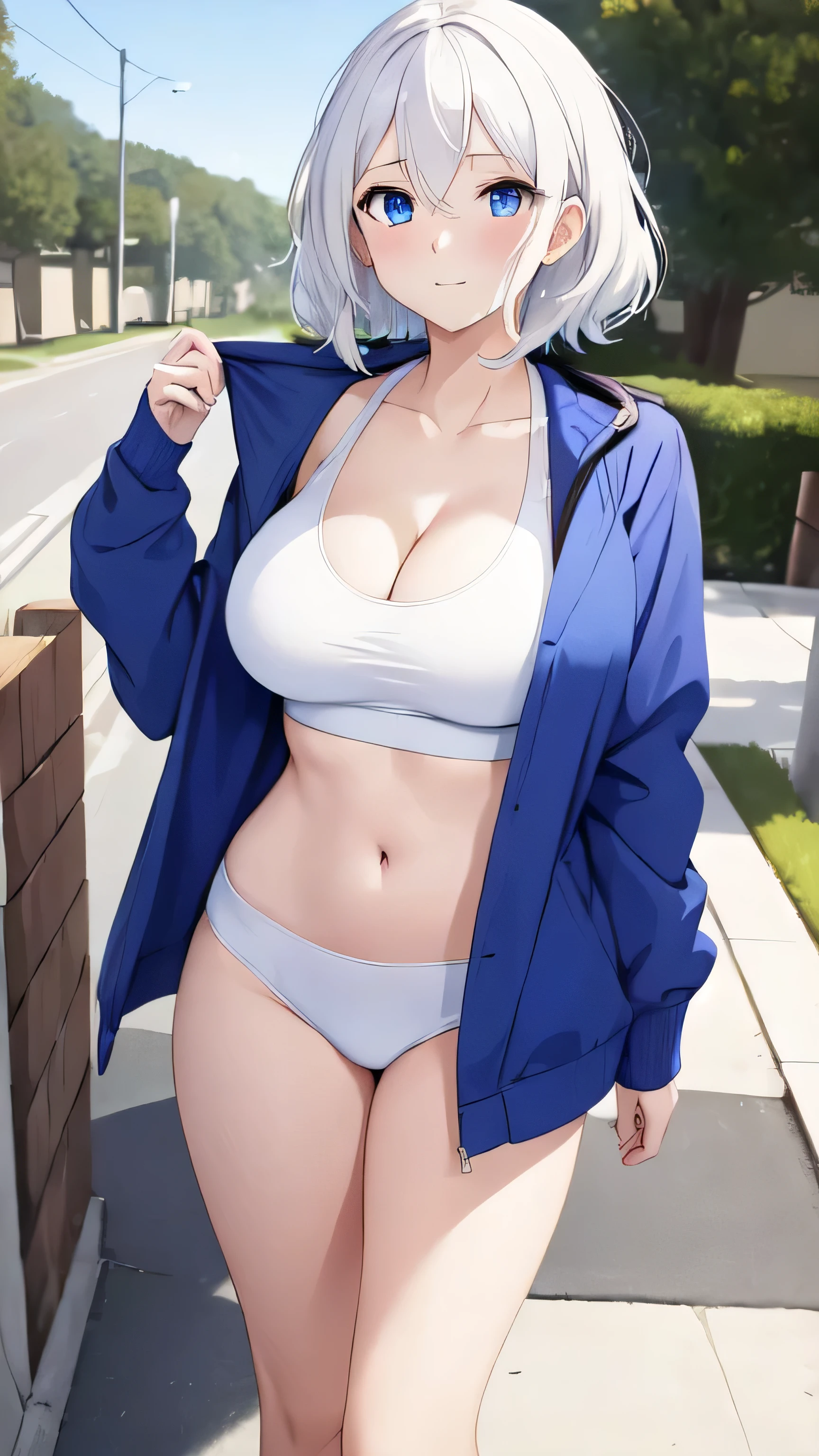(((masterpiece))),fuyumi itadori, Anime girl characters, 1girl, solo, looking at viewer, medium hair, white hair,blue eyes, long sleeves, cleavage, bigger breasts, closed mouth, collarbone, jacket, open clothes, open jacket, blue jacket, ground vehicle, sports bra, tall girl, horny, big ass, beautiful face,Charming, Tight-fitting clothing,