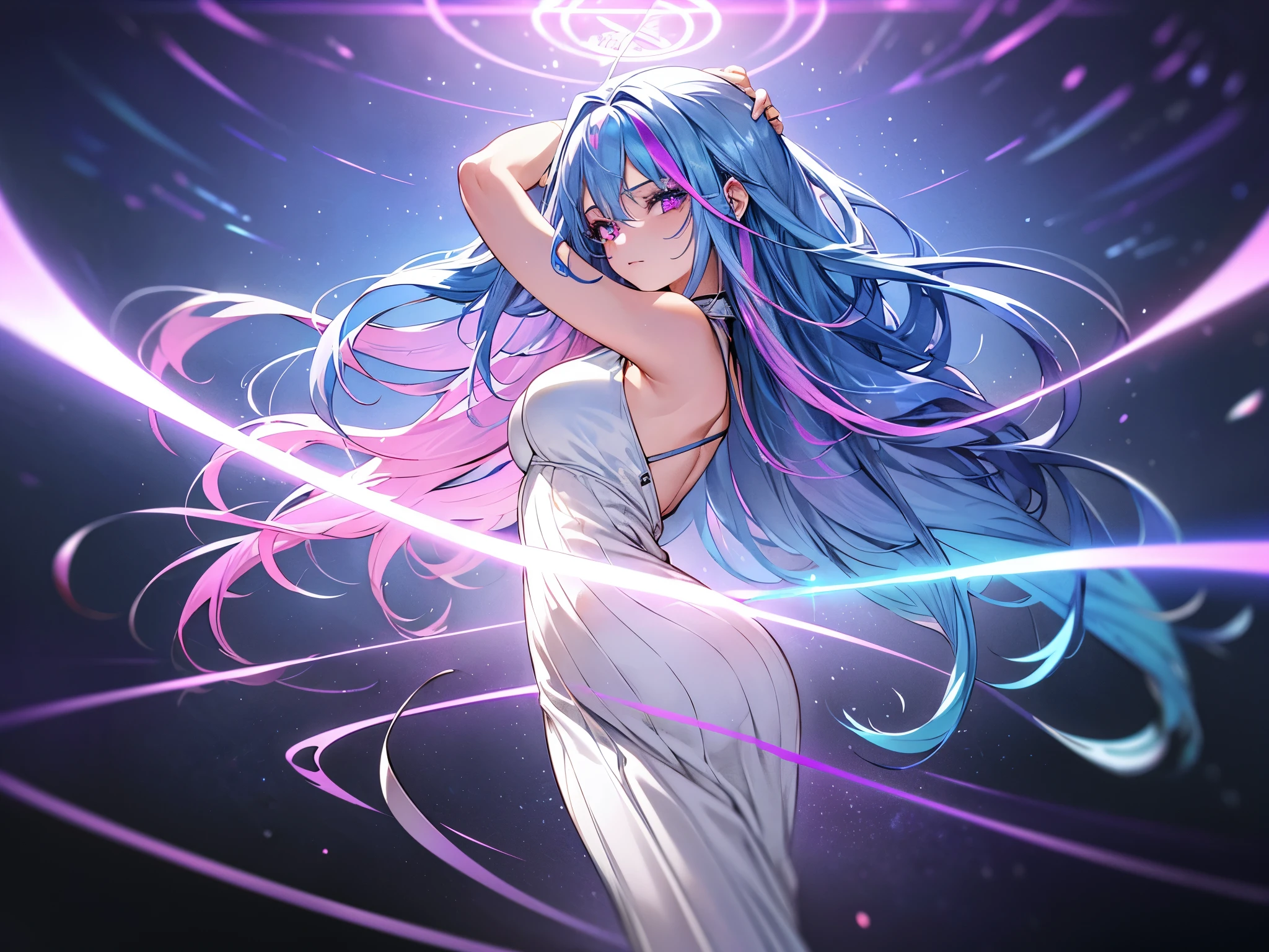 1 girl, 20 year old girl, one person, (Silver blue hair streaked pink purple:1.4), (Gradient sky blue hair ends:1.6), hair strand, absurdly long hair, single sidelock, wavy hair, shiny hair, floating hair, (Illusion deep purple eyes), delicate eyes, aqua eyes, High like real eyes, ((glowing eyes)), makeup, Focus on face, Very detailed facial, hot body, Random environment, Random pose, on the street, looking at the starry night sky, meteor, Technical clothing masterpiece, White extra long skirt, several cross stars beside, Colored lights swirl around the body, (((Extra super huge colorful extra super complex multiple glowing magic circle upright on the back of the head))), cyberpunk, full body shot, realism, chiaroscuro, (glowing light), sparkle, ray tracing, cinematic lighting, Futurism, motion blur, Ultra-Wide Angle, god rays, atmospheric perspective, best quality, UHD, super detail, masterpiece, highres, ccurate, retina