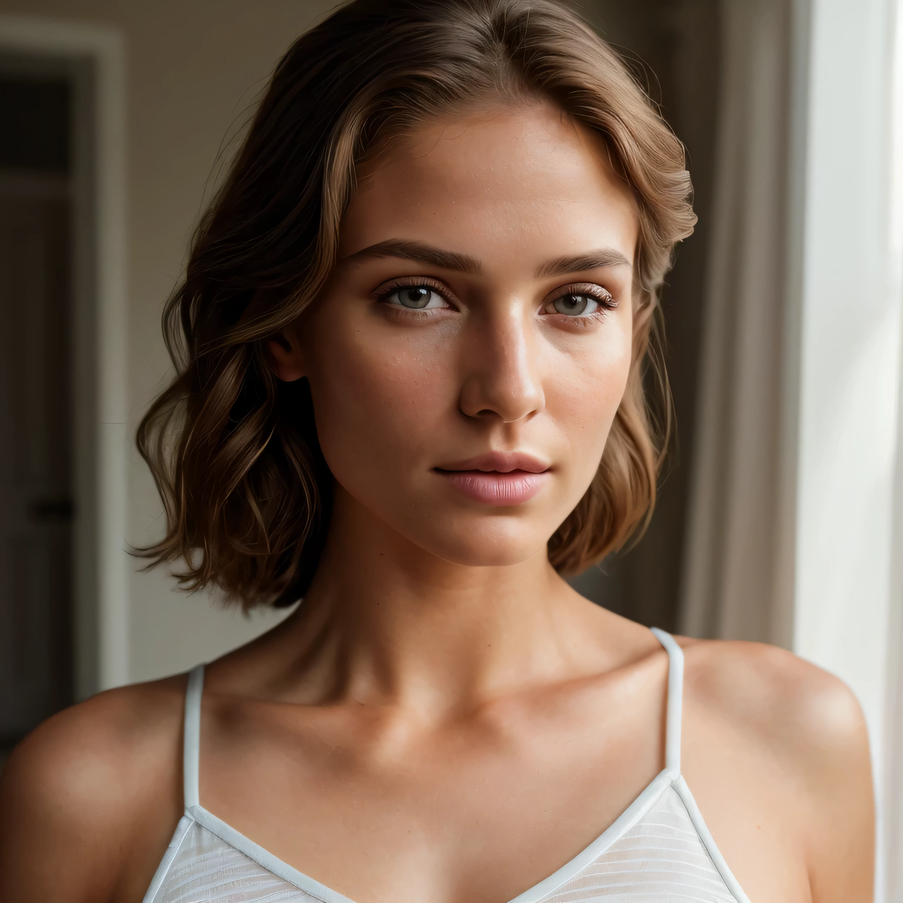 wearing fitness clotheasterpiece, best quality, high resolution:1.4), 1 Brazilian girl, angel, skin pores texture, Hair light brown, HD , Photography, movie, cinematic, full Body, Realistic, (8k, RAW photo, best quality, masterpiece:1.2), (realistic, photo-realistic:1.33), best quality, detailed small eyes brown, cute, sympathetic, Caucasian, natural lighting, depth of field, film grain, wrinkled skin, sharp, detailed and realistic portrait of a woman ,(freckles:0.5)
