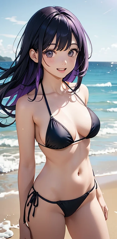 Realistic、1girl、(Open mouth happy smile：1.3),(cute face:1.5),(tareme:1.3),(black hair purple hair hair gradient hair:1.3),(purple eyes)、(kind eyes:1.3)、leaning forward、open stance,(middle hair),( portrait:1.3,face focus:1.3,cowboy shot),(black enamel micro bikini:1.3)、(large breasts),(midsummer beach:1.3)
