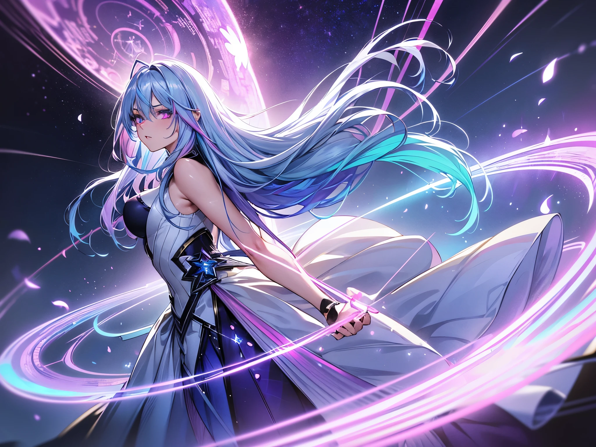 1 girl, 20 year old girl, one person, (Silver blue hair streaked pink purple:1.4), (Gradient sky blue hair ends:1.6), hair strand, absurdly long hair, single sidelock, wavy hair, shiny hair, floating hair, (Illusion deep purple eyes), delicate eyes, aqua eyes, High like real eyes, ((glowing eyes)), makeup, Focus on face, Very detailed facial, hot body, Random environment, Random pose, on the street, looking at the starry night sky, meteor, Technical clothing masterpiece, White extra long skirt, several cross stars beside, Colored lights swirl around the body, (((Extra super huge colorful extra super complex multiple glowing magic circle upright on the back of the head))), cyberpunk, full body shot, realism, chiaroscuro, (glowing light), sparkle, ray tracing, cinematic lighting, Futurism, motion blur, Ultra-Wide Angle, god rays, atmospheric perspective, best quality, UHD, super detail, masterpiece, highres, ccurate, retina