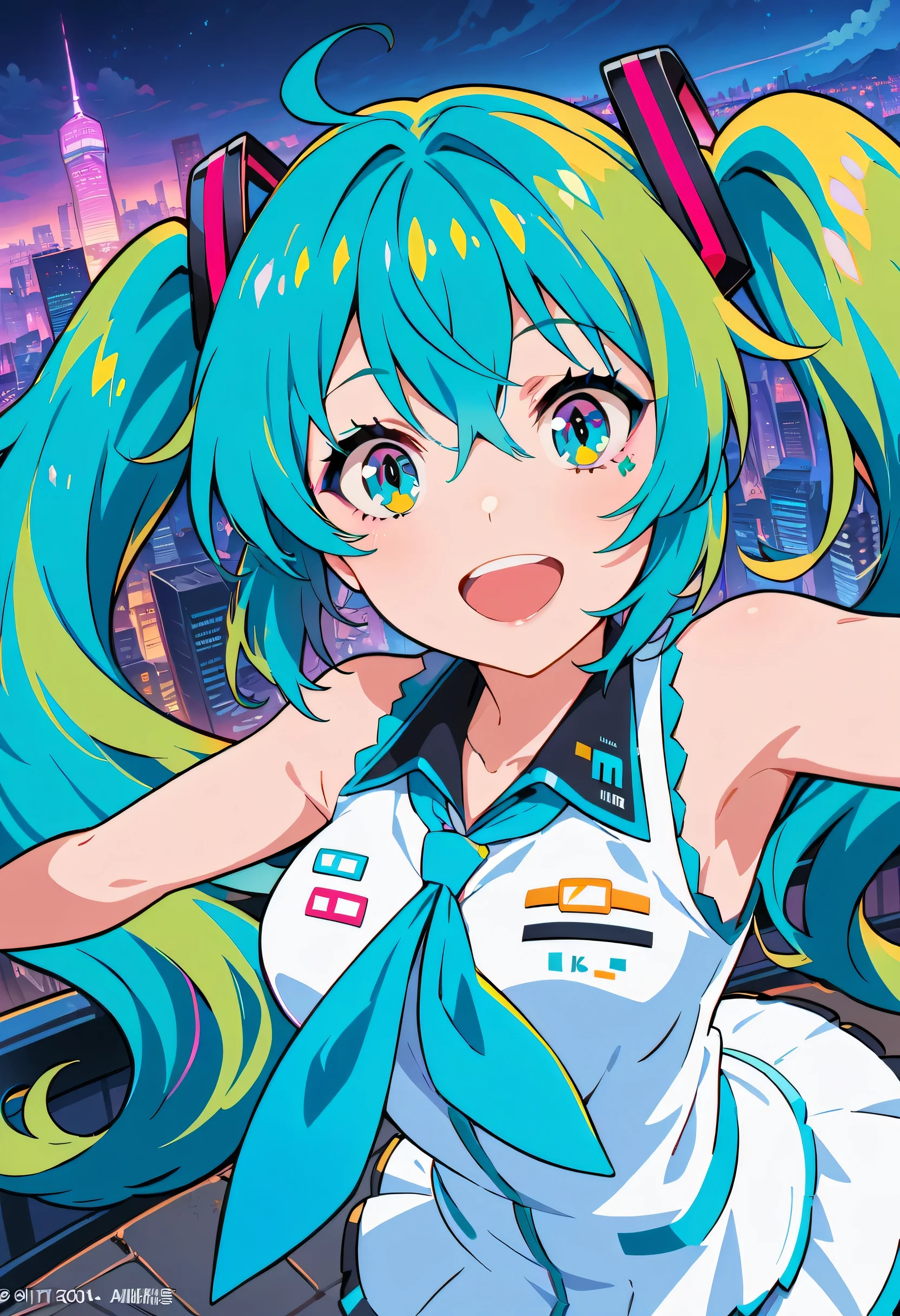 (best quality,4k,8k,highres,masterpiece:1.2),ultra-detailed,vibrant colors,beautiful detailed eyes,beautiful detailed lips,cute girl with long turquoise twin-tails,stylized cel-shading,dynamic pose,neon cityscape background,singing on a rooftop,anime style artwork,happy and energetic expression,lens flares,city lights reflecting in her eyes,Hatsune Miku