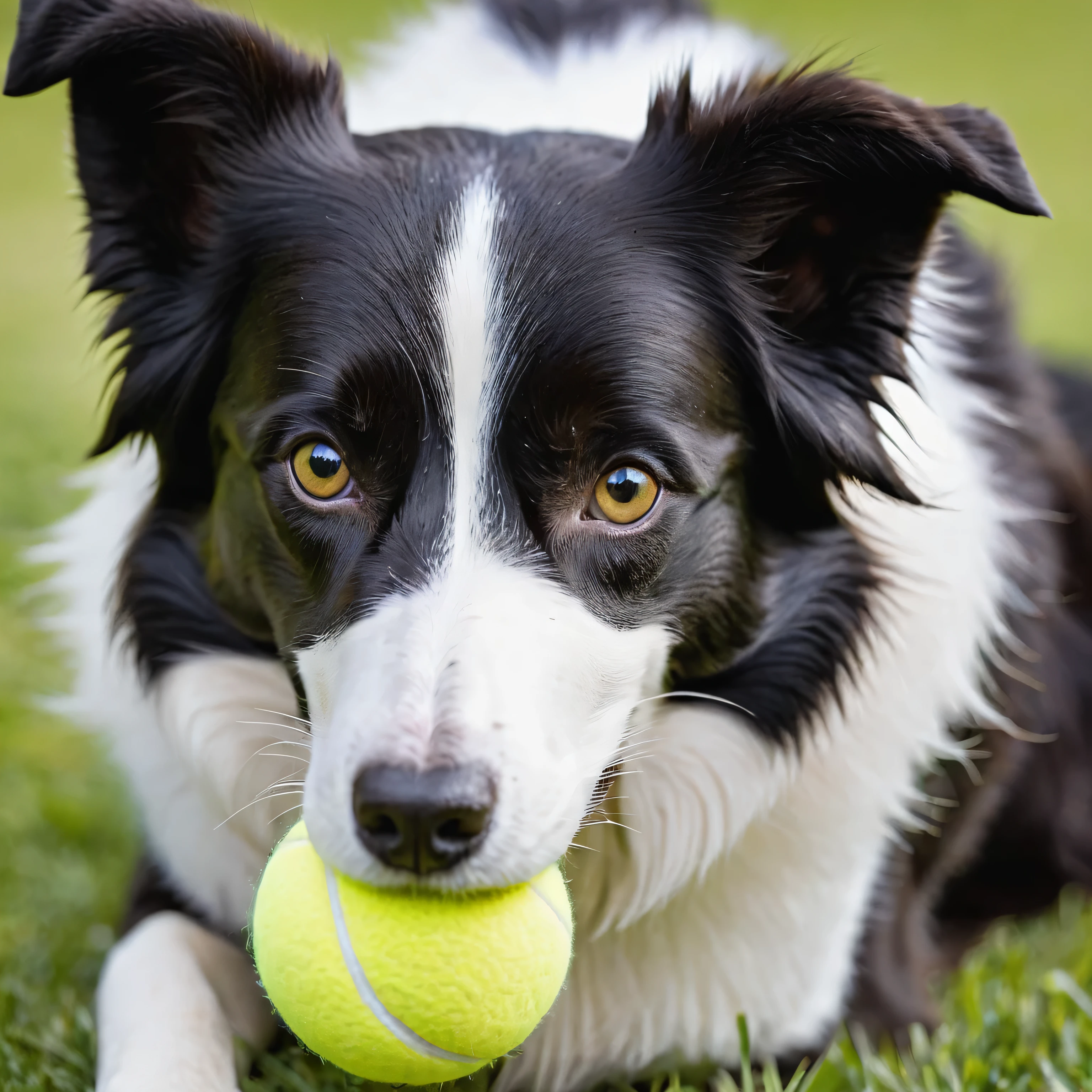 portrait of a border collie dog with tennis ball in mouth 