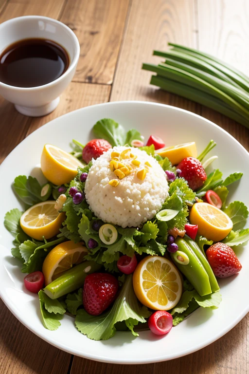 [Image of a colorful and healthy salad on a plate, rodeada por frutas frescas e legumes.]