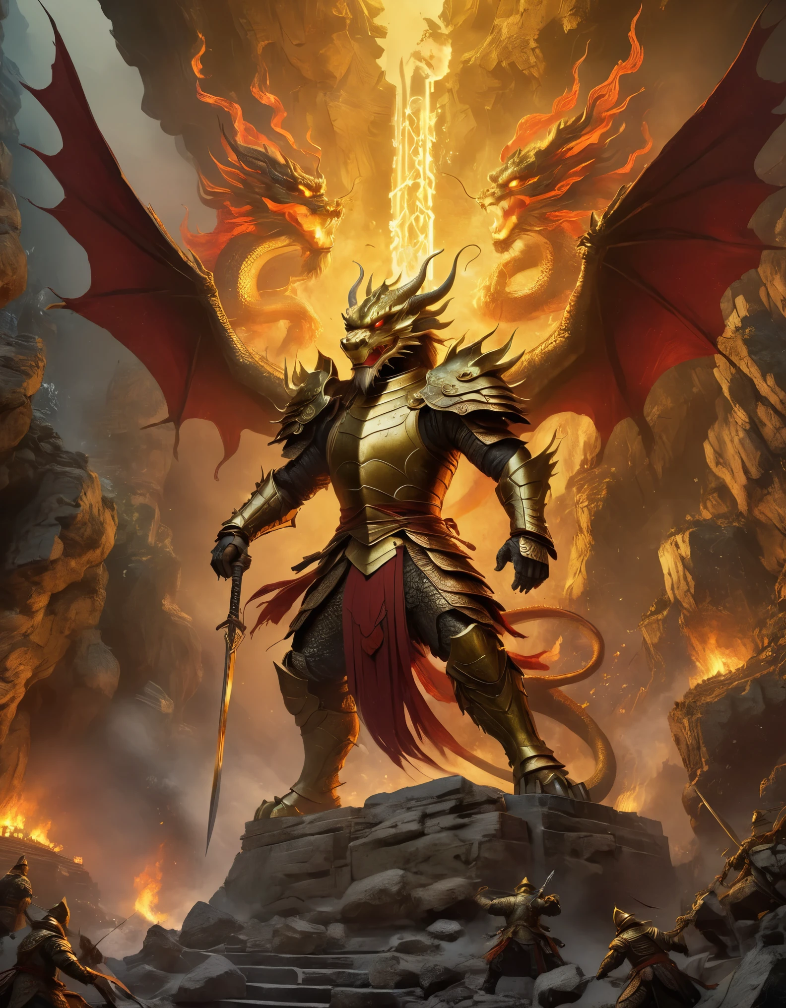 Bottom view，(anthropomorphic Chinese dragon warrior in golden armor fighting enemies), sword swinging to split the roof of an underground cave, red flames of hell, rubble flying, explosions, epic images, iper quality, iper detail, intricate detail, octan rendering, cinema, standing facing the viewer, mythological creatures, hermits, conceptual art, wide angle, full composition, dynamic lighting, film