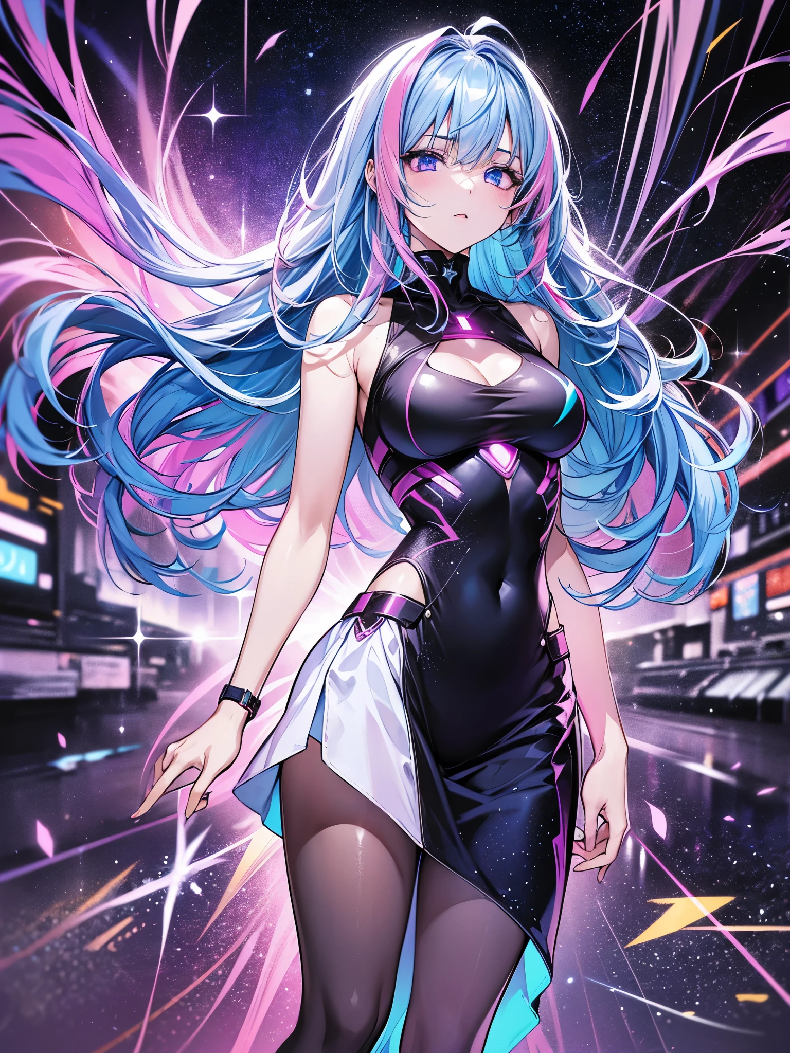 1 girl, 20 year old girl, one person, (Silver blue hair streaked pink purple:1.4), (Gradient sky blue hair ends:1.6), hair strand, absurdly long hair, single sidelock, wavy hair, shiny hair, floating hair, (Illusion deep purple eyes), delicate eyes, aqua eyes, High like real eyes, ((glowing eyes)), makeup, Focus on face, Very detailed facial, hot body, Random environment, Random pose, on the street, looking at the starry night sky, meteor, Technical clothing masterpiece, White extra long skirt, several cross stars beside, Colored lights swirl around the body, (((Extra super huge colorful extra super complex multiple glowing magic circle upright on the back of the head))), cyberpunk, full body shot, realism, chiaroscuro, (glowing light), sparkle, ray tracing, cinematic lighting, Futurism, motion blur, Ultra-Wide Angle, god rays, atmospheric perspective, best quality, UHD, super detail, masterpiece, highres, ccurate, retina