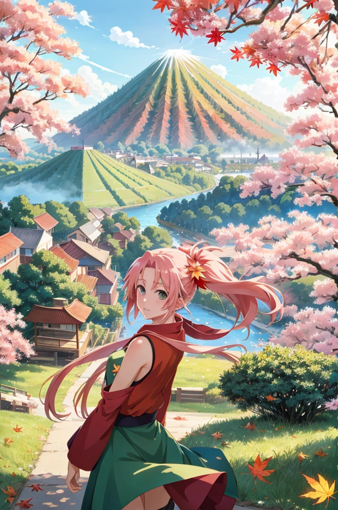 colorful, ((anime)) haruno sakura, long pink hair, green eyes, red dress, ((solo)),  8k, ((leaf village in the background)), ((masterpiece)), HDR, highly detailed, professional  