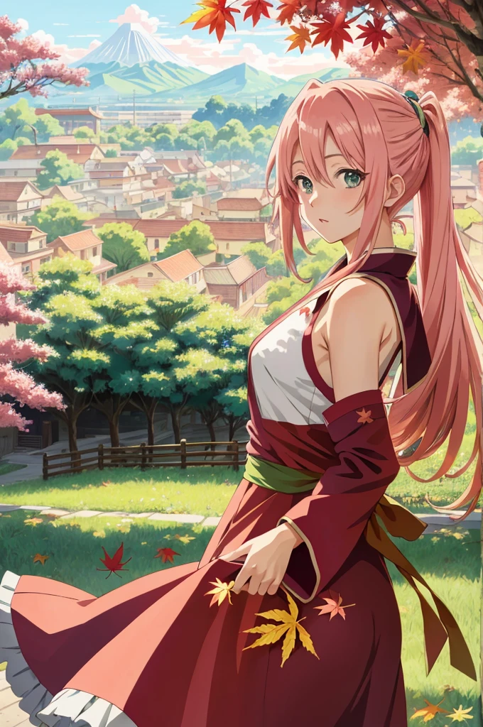 colorful, ((anime)) haruno sakura, long pink hair, green eyes, red dress, ((solo)),  8k, ((leaf village in the background)), ((masterpiece)), HDR, highly detailed, professional  