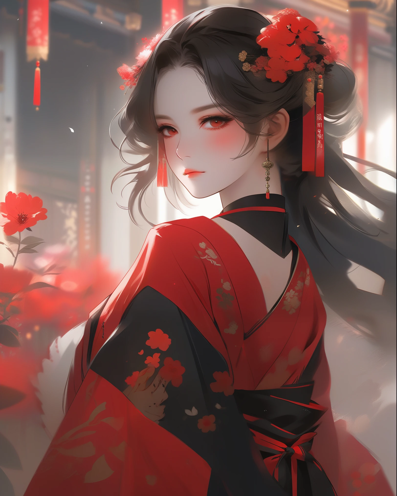 anime girl in a red and black dress with red flowers in her hair, artwork in the style of guweiz, guweiz, western girl, trending on cgstation, cute anime waifu in a nice dress, guweiz on pixiv artstation, palace ， a girl in hanfu, beautiful digital artwork, guweiz on artstation pixiv
