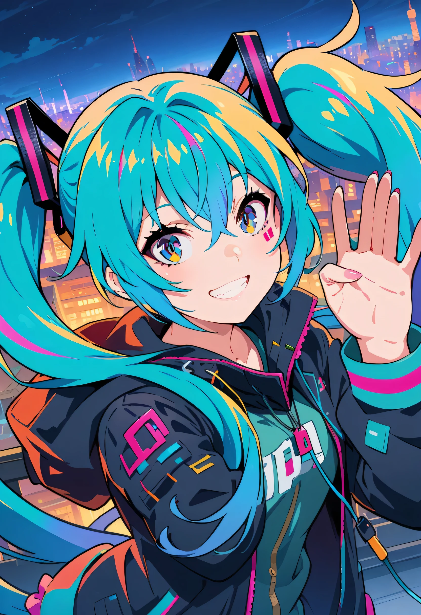 (best quality,4k,8k,highres,masterpiece:1.2),ultra-detailed,vibrant colors,beautiful detailed eyes,beautiful detailed lips,cute girl with long turquoise twin-tails,stylized cel-shading,dynamic pose,neon cityscape background,singing on a rooftop,anime style artwork,happy and energetic expression,lens flares,city lights reflecting in her eyes,Hatsune Miku