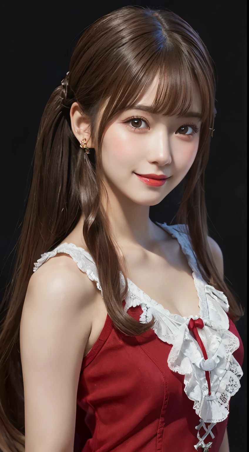 pretty girl, long brown twintails, smile, the sun is red, (digital painting, concept art, Smooth, sharp focus, intricate details, close, masterpiece: 1.2),ta mini dress