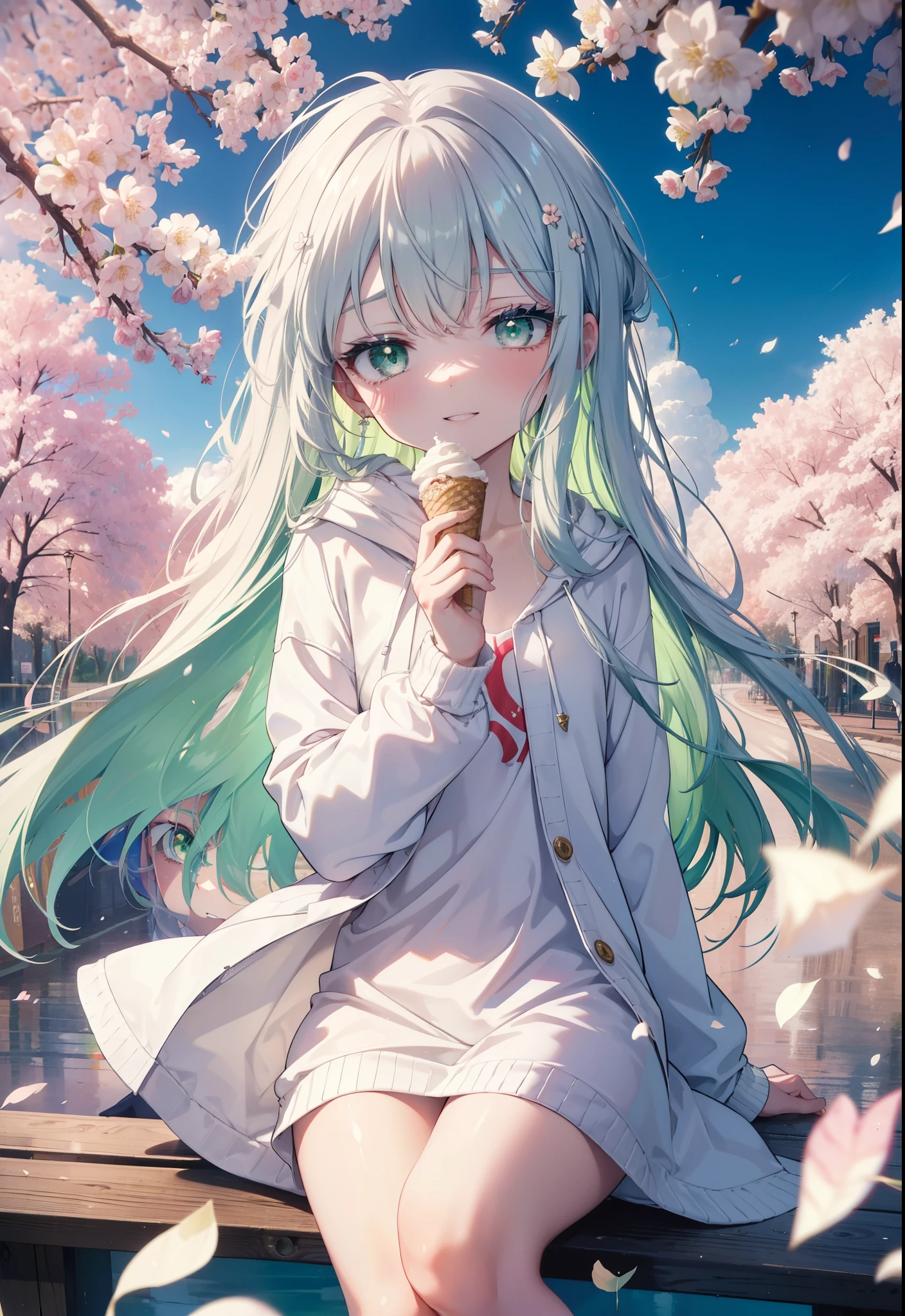 index, index, (green eyes:1.5), silver hair, long hair, (flat chest:1.2),happy smile, smile, open your mouth,White Long Hoodie,shorts,white pantyhose,Mini Boots,He has a soft serve ice cream in his right hand.,ソフトクリームを食べ歩きしているsilver hairの少女,cherry blossoms are blooming,Cherry blossoms are scattered,The cherry blossom tree-lined road is broken, looking at viewer, Upper body, whole body,
break outdoors, Destroy the park (masterpiece:1.2), highest quality, High resolution, unity 8k wallpaper, (figure:0.8), (detailed and beautiful eyes:1.6), highly detailed face, perfect lighting, Very detailed CG, (perfect hands, perfect anatomy),