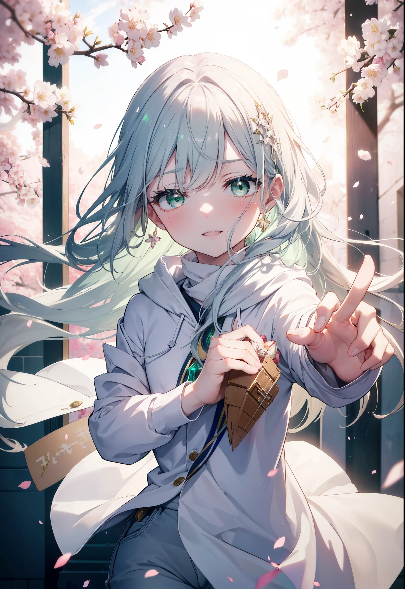 index, index, (green eyes:1.5), silver hair, long hair, (flat chest:1.2),happy smile, smile, open your mouth,White Long Hoodie,shorts,white pantyhose,Mini Boots,He has a soft serve ice cream in his right hand.,ソフトクリームを食べ歩きしているsilver hairの少女,cherry blossoms are blooming,Cherry blossoms are scattered,The cherry blossom tree-lined road is broken, looking at viewer, Upper body, whole body,
break outdoors, Destroy the park (masterpiece:1.2), highest quality, High resolution, unity 8k wallpaper, (figure:0.8), (detailed and beautiful eyes:1.6), highly detailed face, perfect lighting, Very detailed CG, (perfect hands, perfect anatomy),