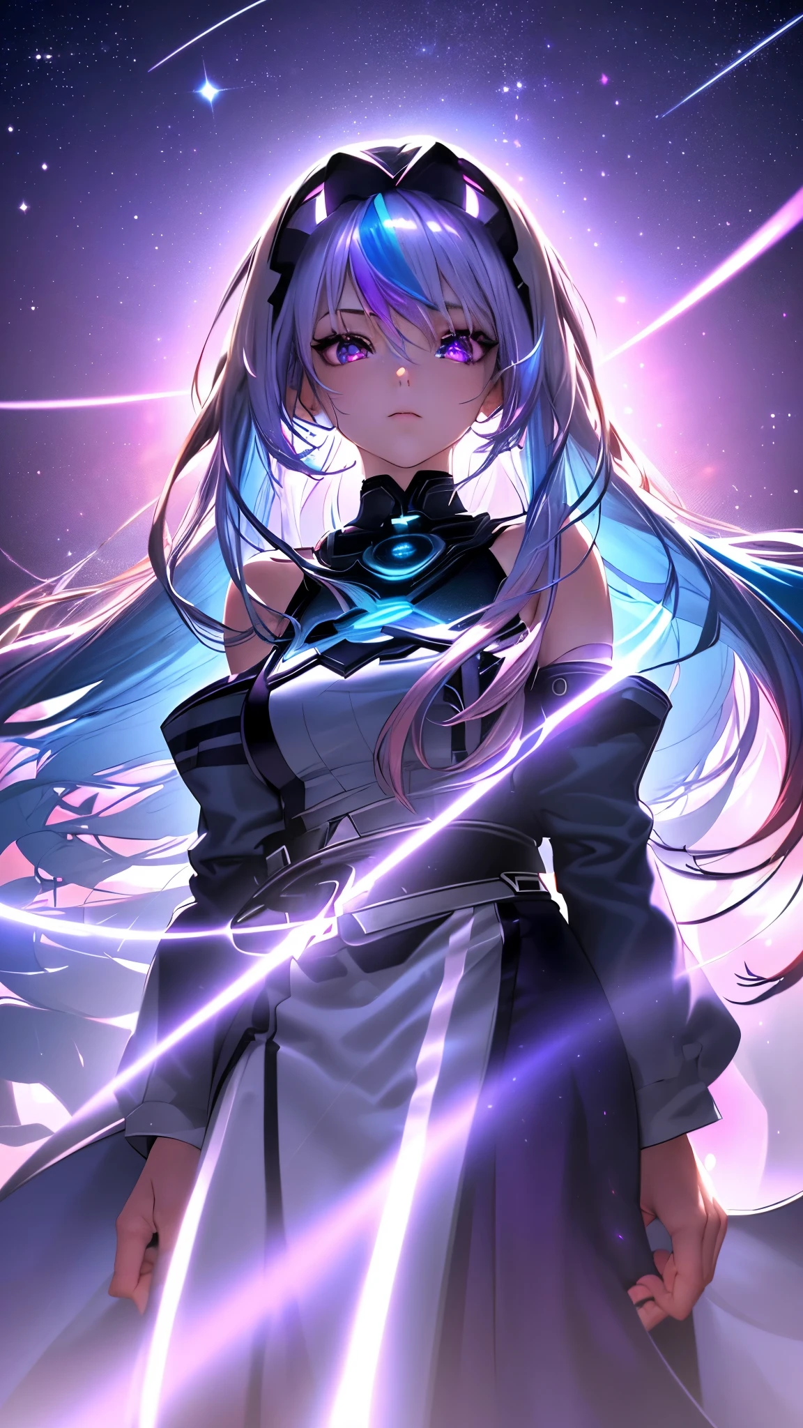 1 girl, 20 year old girl, one person, (Silver blue hair streaked pink purple:1.4), (Gradient sky blue hair ends:1.6), hair strand, absurdly long hair, single sidelock, wavy hair, shiny hair, floating hair, (Illusion deep purple eyes), delicate eyes, aqua eyes, High like real eyes, ((glowing eyes)), makeup, Focus on face, Very detailed facial, hot body, Random environment, Random pose, on the street, looking at the starry night sky, meteor, Technical clothing masterpiece, White extra long skirt, several cross stars beside, Colored lights swirl around the body, (((Extra super huge colorful extra super complex multiple glowing magic circle upright on the back of the head))), cyberpunk, full body shot, realism, chiaroscuro, (glowing light), sparkle, ray tracing, cinematic lighting, Futurism, motion blur, Ultra-Wide Angle, god rays, atmospheric perspective, best quality, UHD, super detail, masterpiece, highres, ccurate, retina