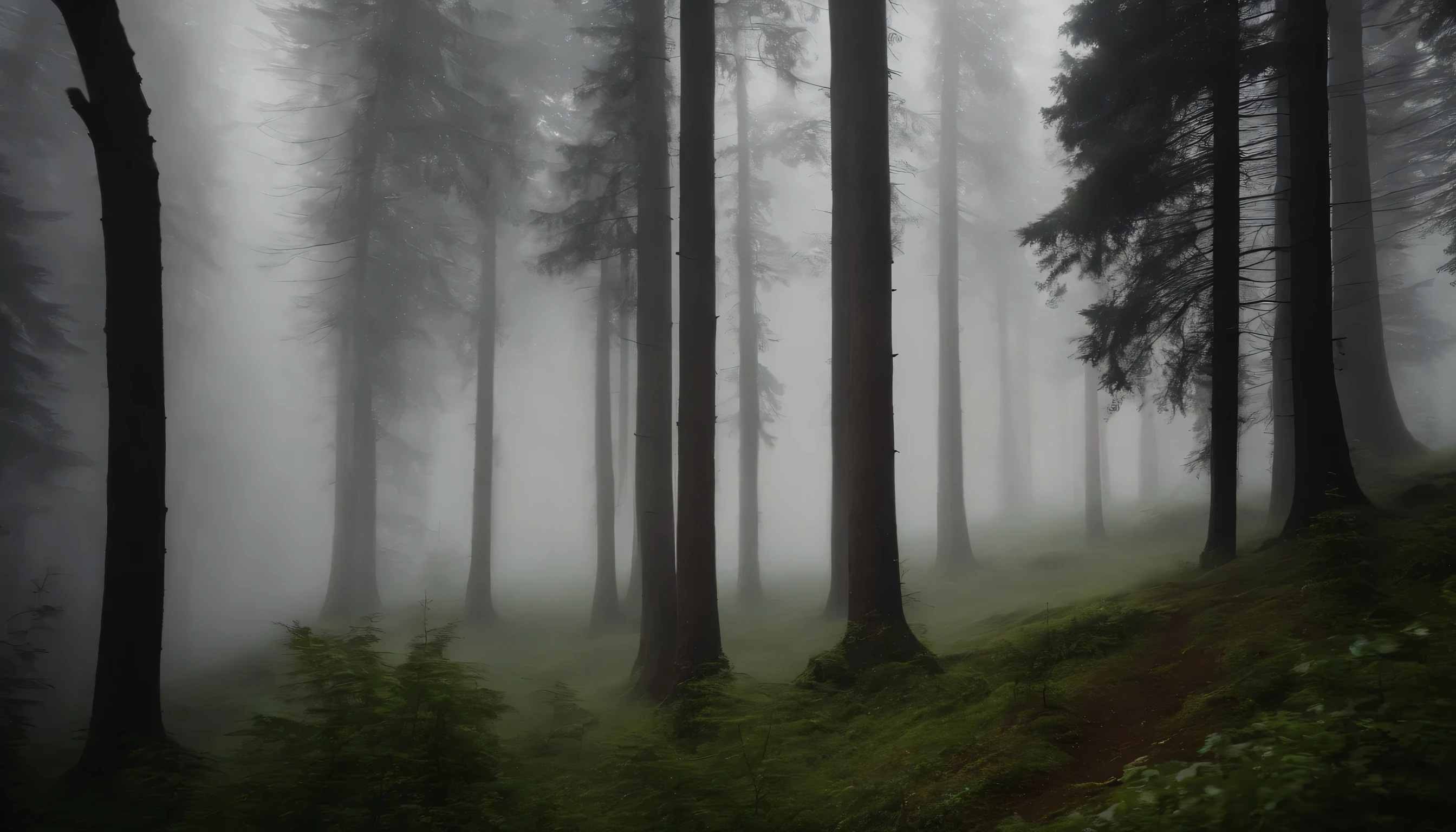 Overhead view of Kashmir forest, sky, FOG, tall trees,
