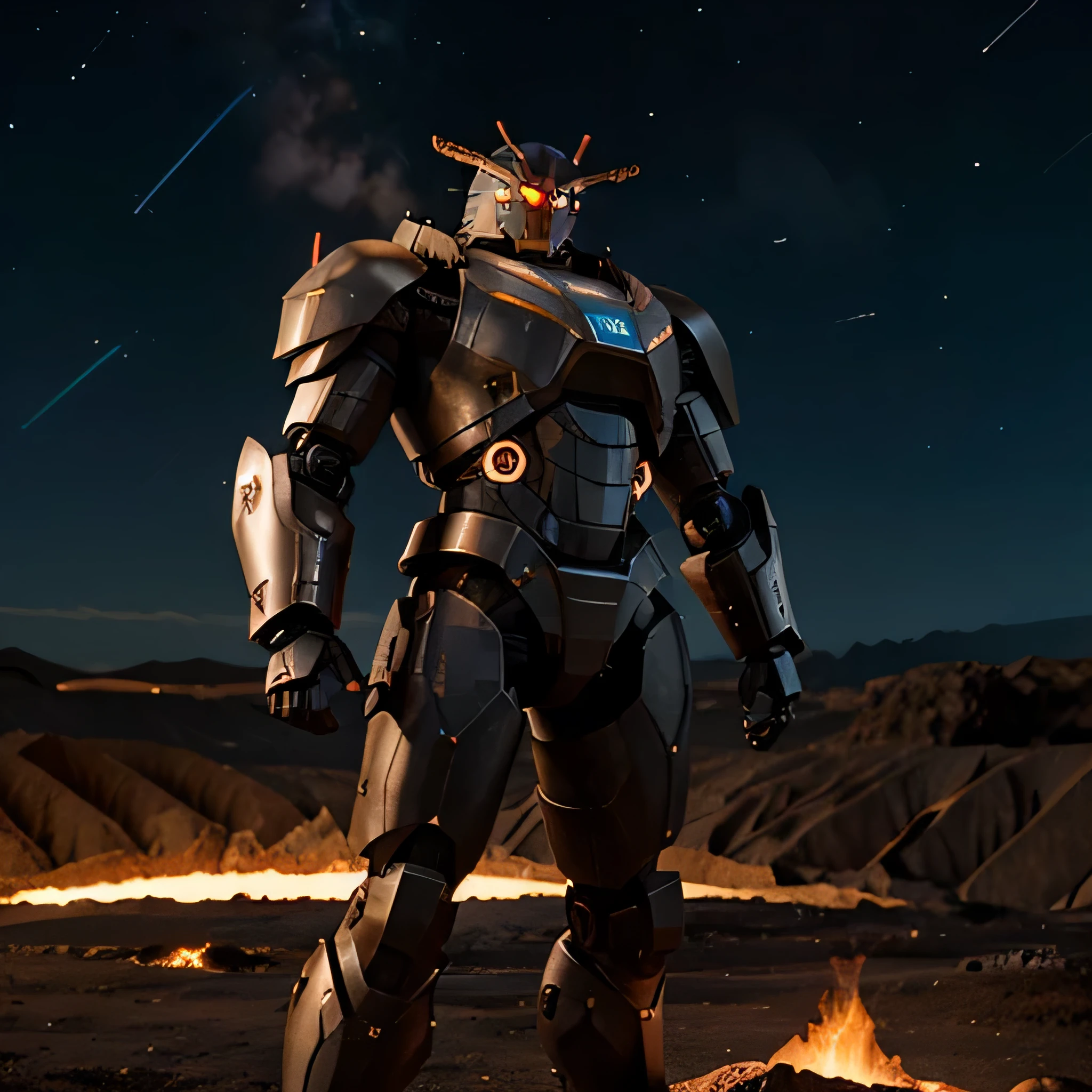 half giant half robot armor, the right hand has a gun, being in a volcano, night atmosphere, stars fill the sky