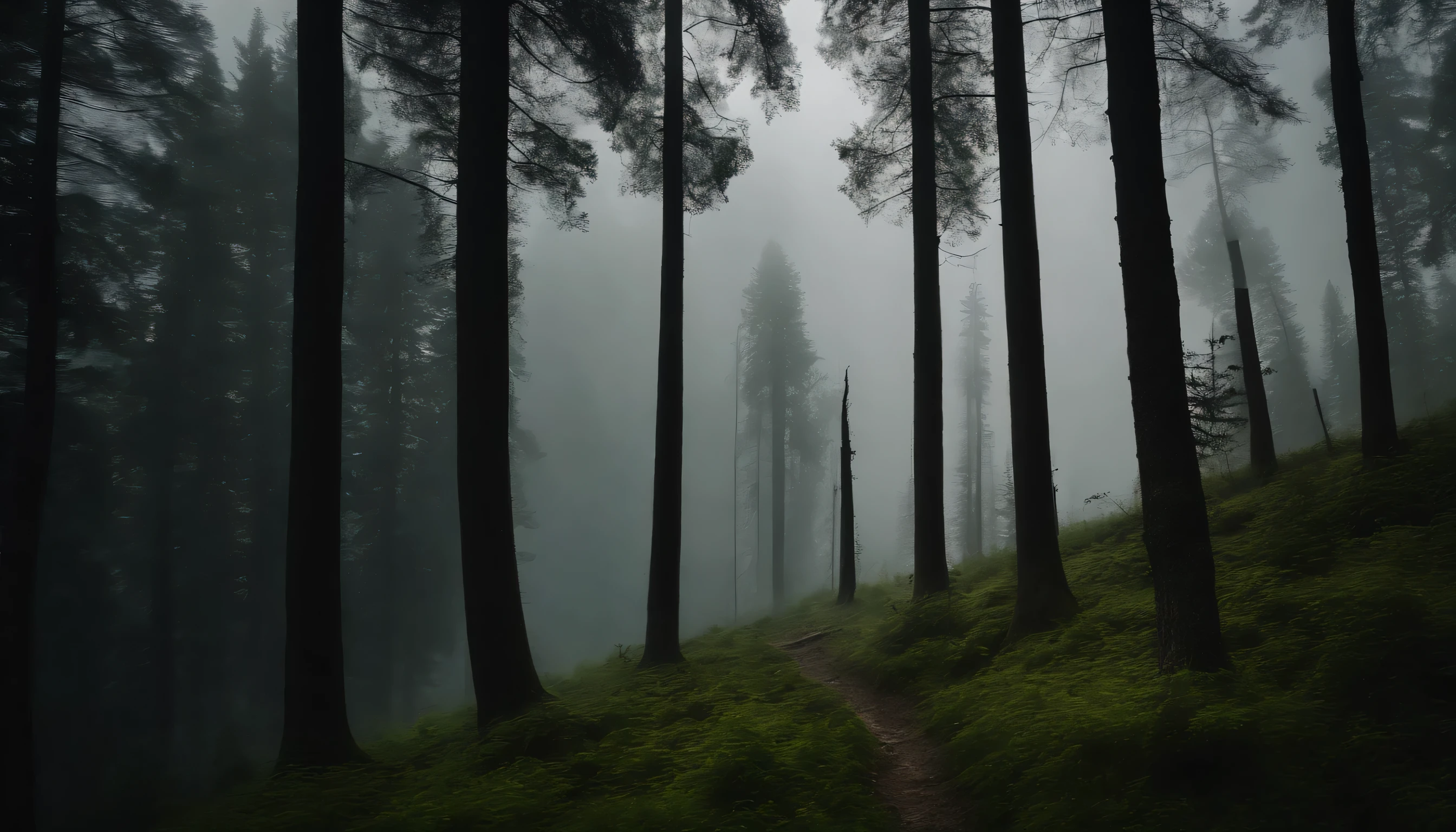 Overhead view of Kashmir forest, sky, FOG, tall trees,